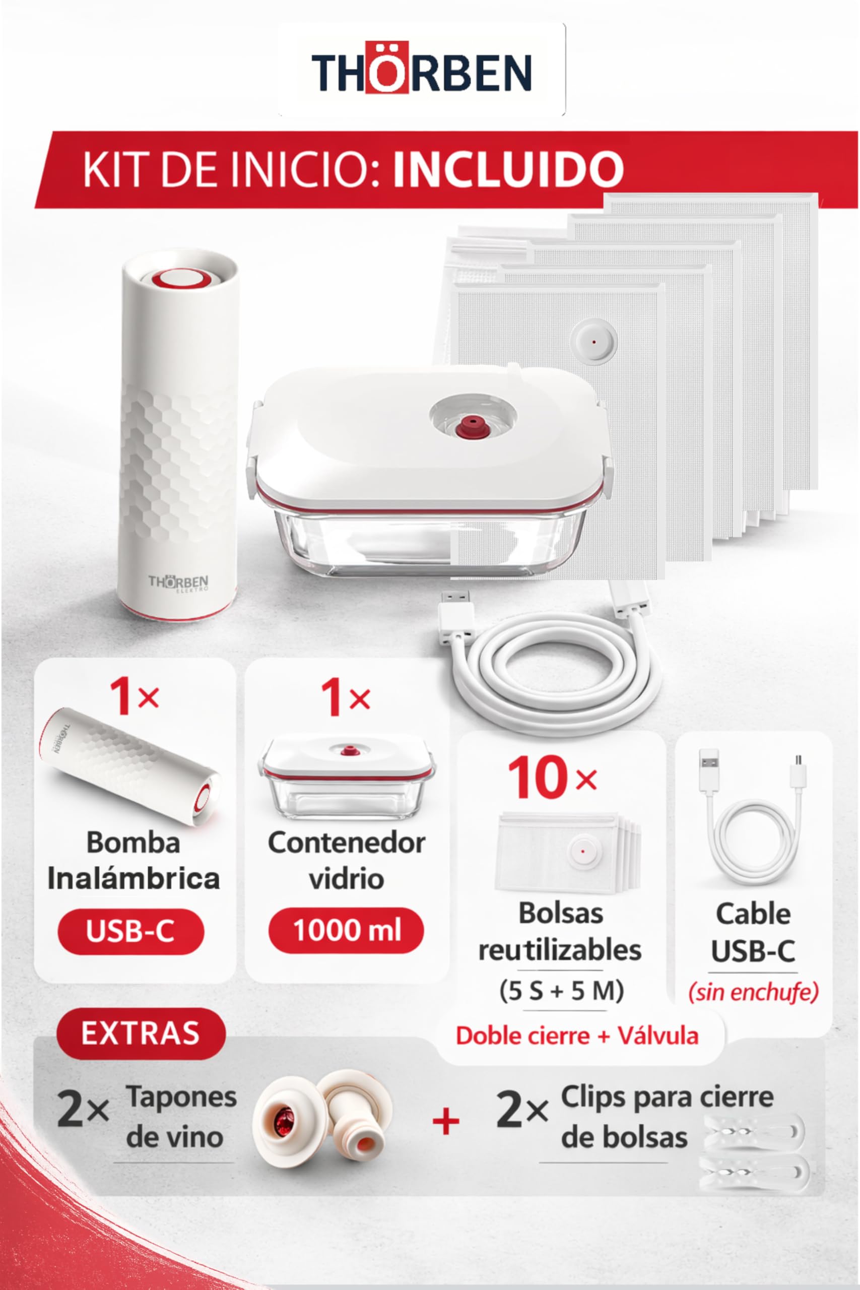 Thörben Envasadora al Vacío Inalámbrica USB-C con Autoapagado, Tupper Vidrio Borosilicato 1 L, 10 Bolsas Reutilizables (5S/5M), 2 Tapones Vino