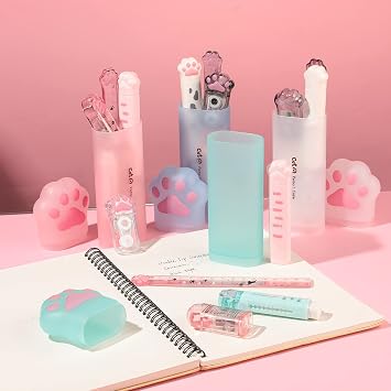 Ireer 6 Pcs Cute Cat Paw Stationery Set Include Cat Paw Pencil Case Cat Pencil Sharpener Cute Correction Tape Cute Retractable Erasers Paw Ruler Stationery Supplies for School Cat Lover