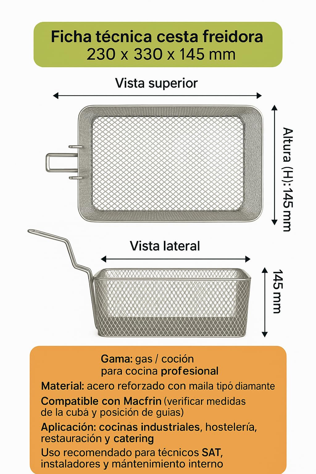 CubetasGastronorm ® Cesta Freidora 230x330x145 Mm Acero Reforzado Malla Diamante Gas Coccion Recambio Profesional Compatible Con Freidoras Macfrin Cocina Industrial Hosteleria Taller Hogar Fuerte