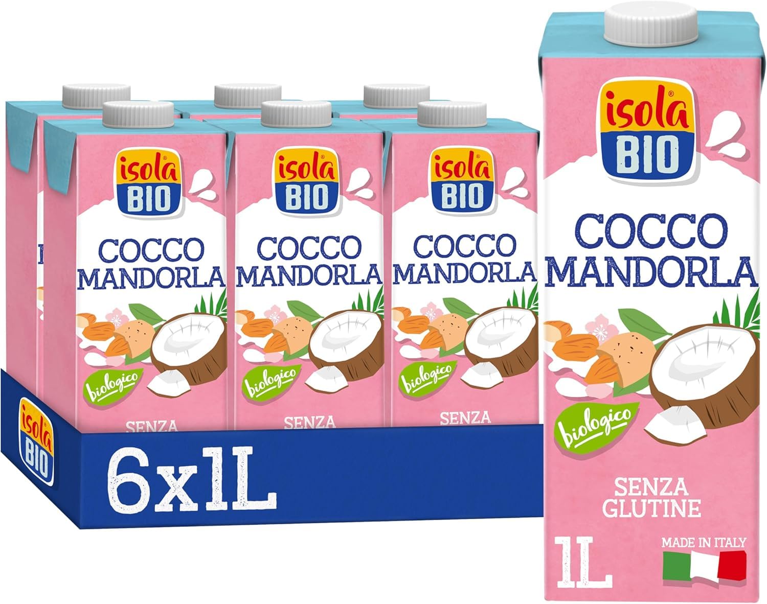 ISOLA BIO Bevanda Biologica a Base di Cocco e Mandorla, 100% Ingredienti Naturali, Senza Glutine, a Basso Contenuto di Grassi, per Intolleranti al Lattosio, Vegetariani e Vegani, 6 Confezioni da 1 L