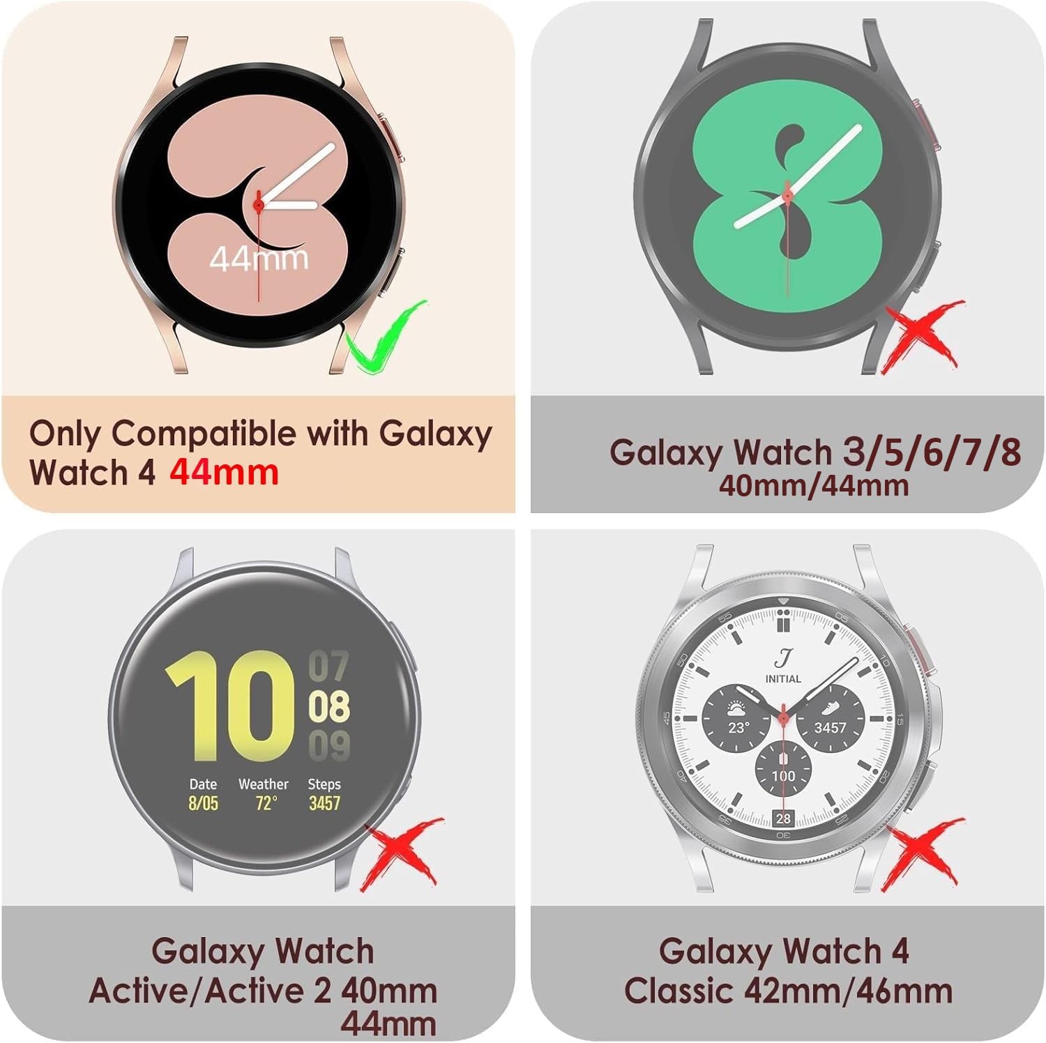 Simpeak 5Pack Screen Protector Compatible with Samsung Galaxy Watch 4 (44mm) Smartwatch Only, Bling Hard PC Case Built-in Glass Screen Protector, Women Men Gold/Pink/Black/Silver/Clear