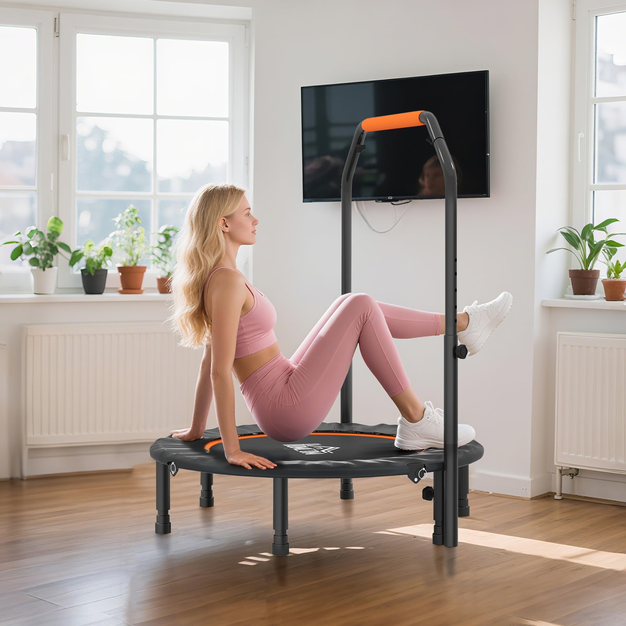 HOMCOM 102 cm Fitness-Trampolin, Faltbares Mini-Trampolin mit vierfach höhenverstellbarem Haltegriff, Fitness-Rebounder für Erwachsene, bis 150 kg