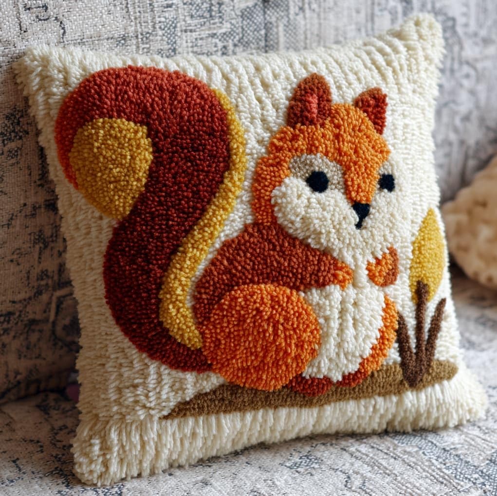 WallustrioaW Latch Hook Kits Pillow for Adults,Flowers and Squirrels,Pre-Printed Patterns Pillowcase Needlework Crochet Yarns Latch Hooking Cushion for Sofa Decor,17x17in
