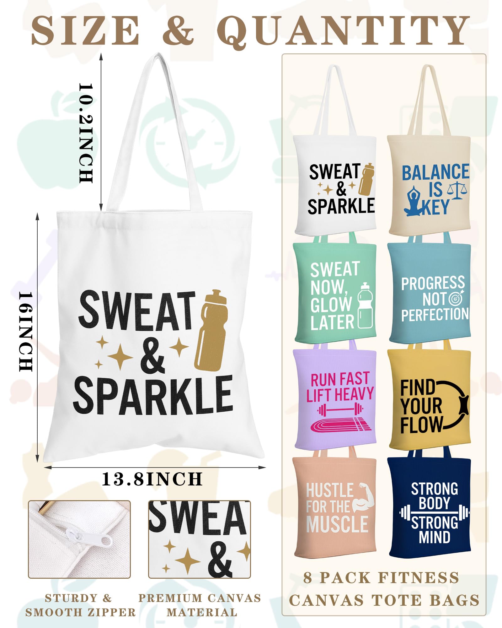 Sanwuta 8 Pcs Fitness Canvas Tote Bags for Women Workout Funny Reusable Shopping Bag with Zipper Inner Pocket Sports Lover Gym Gifts for Pilates Yoga Body Builder Bodybuilding Lovers Everyday Carry