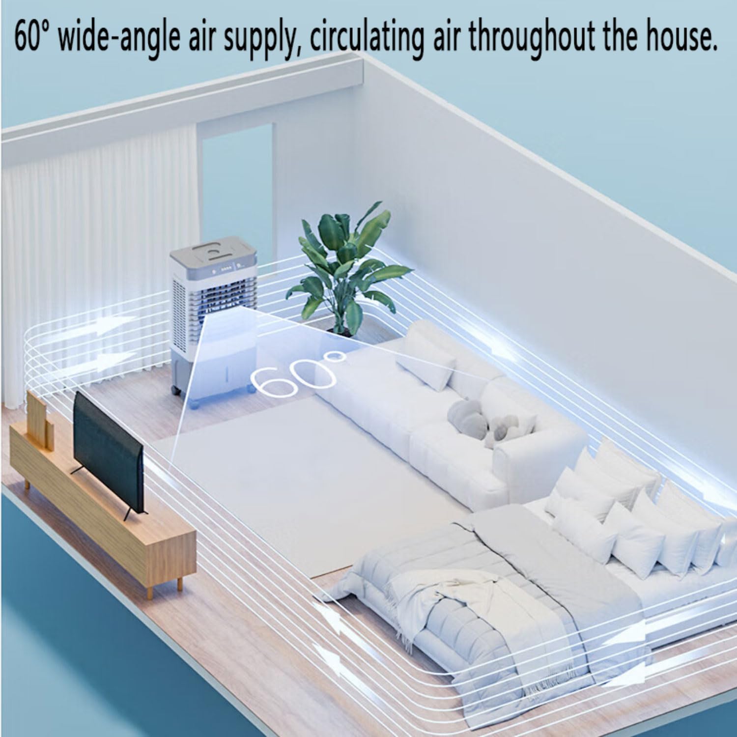 Swamp Cooler - Condizionatore d'aria evaporativo con serbatoio dell'acqua da 55 litri, raffreddamento 24 ore, oscillazione 60°, 4 ventole di raffreddamento per camera da letto, senza tubo necessario