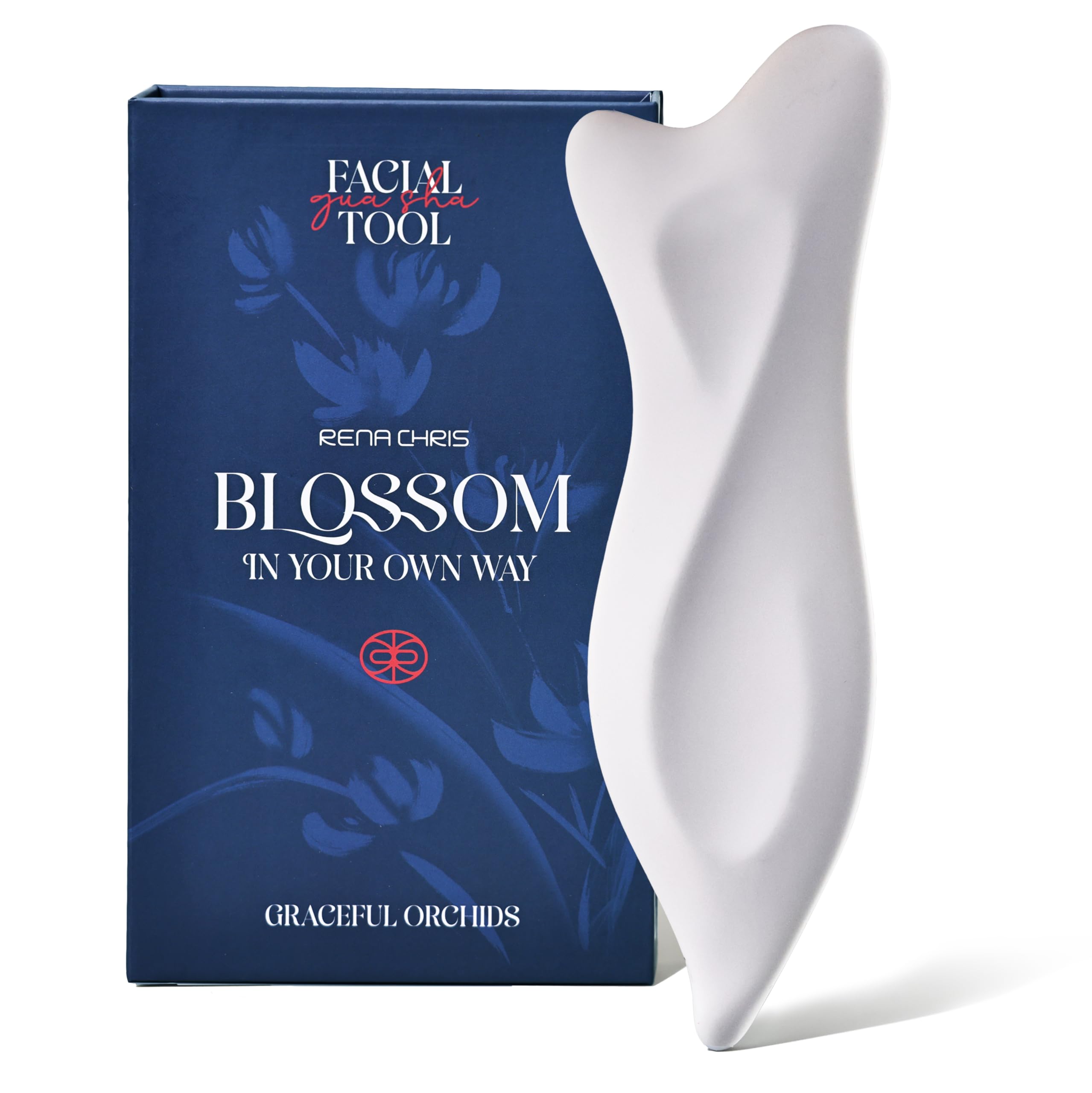 Rena Chris 3D Ceramic Gua Sha Facial Tools - Acupressure & Guasha for Face Massage, Jawline Sculpting, Puffiness Reduction - Includes Carry Pouch and Cleaning Cloth - Skin Care Gift, White