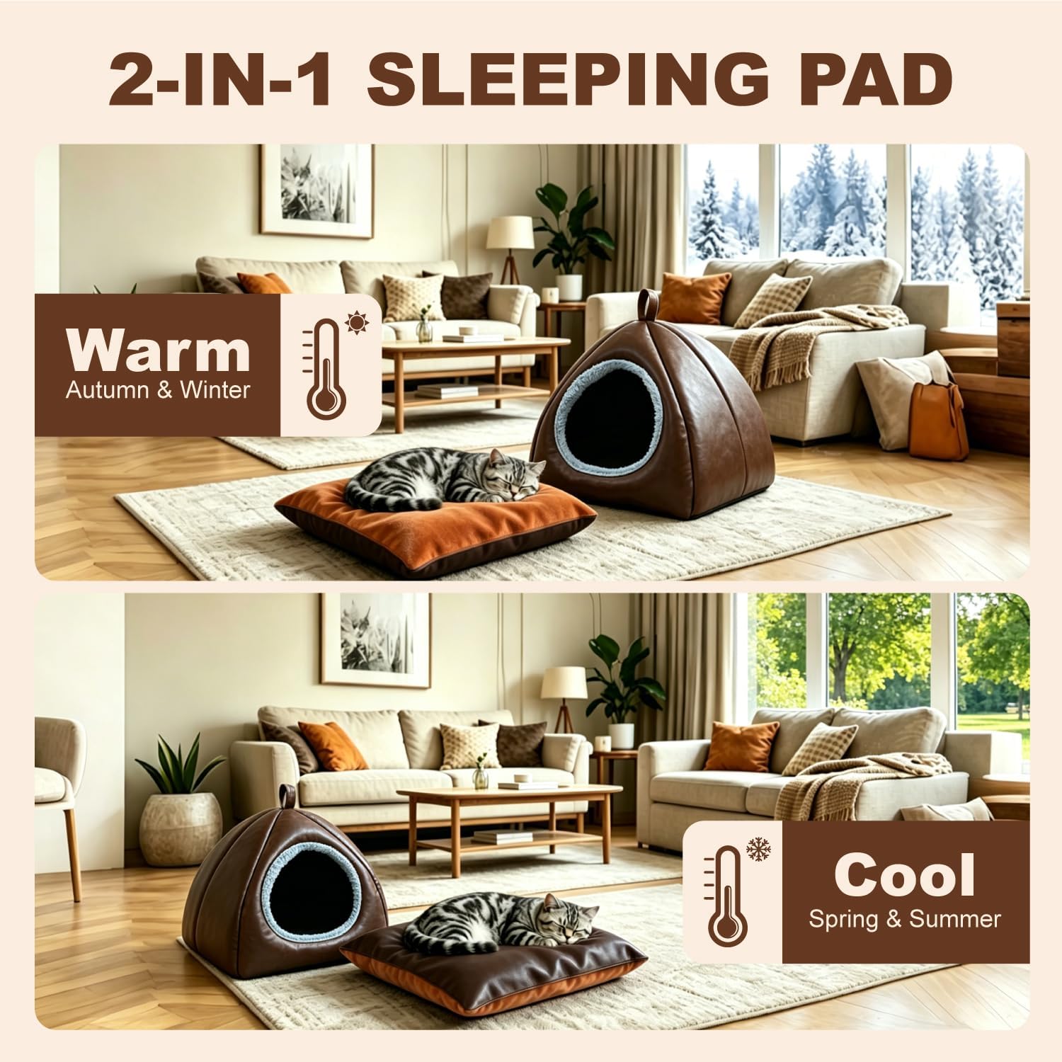 Cat Beds Cave for Indoor Cats, Water Resistance Cat House with Removable Bed Mat for All Seasons, Dog Bed for Small Dogs - Brown, Medium