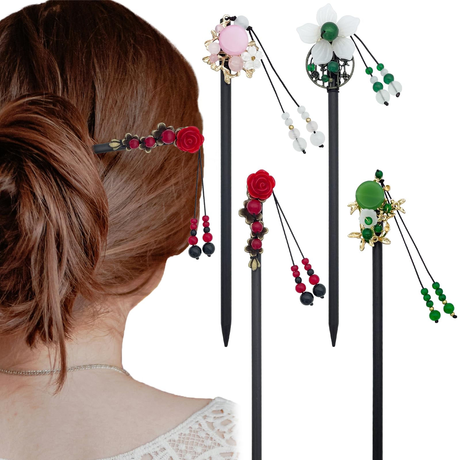 4 Pack Chinese Japanese Hair Sticks Wooden Hair Pin Traditional Flower Hair Chopsticks Hanfu Asian Hair Bun Fork Vintage Classic Tassel Hair Accessories for Women Girls