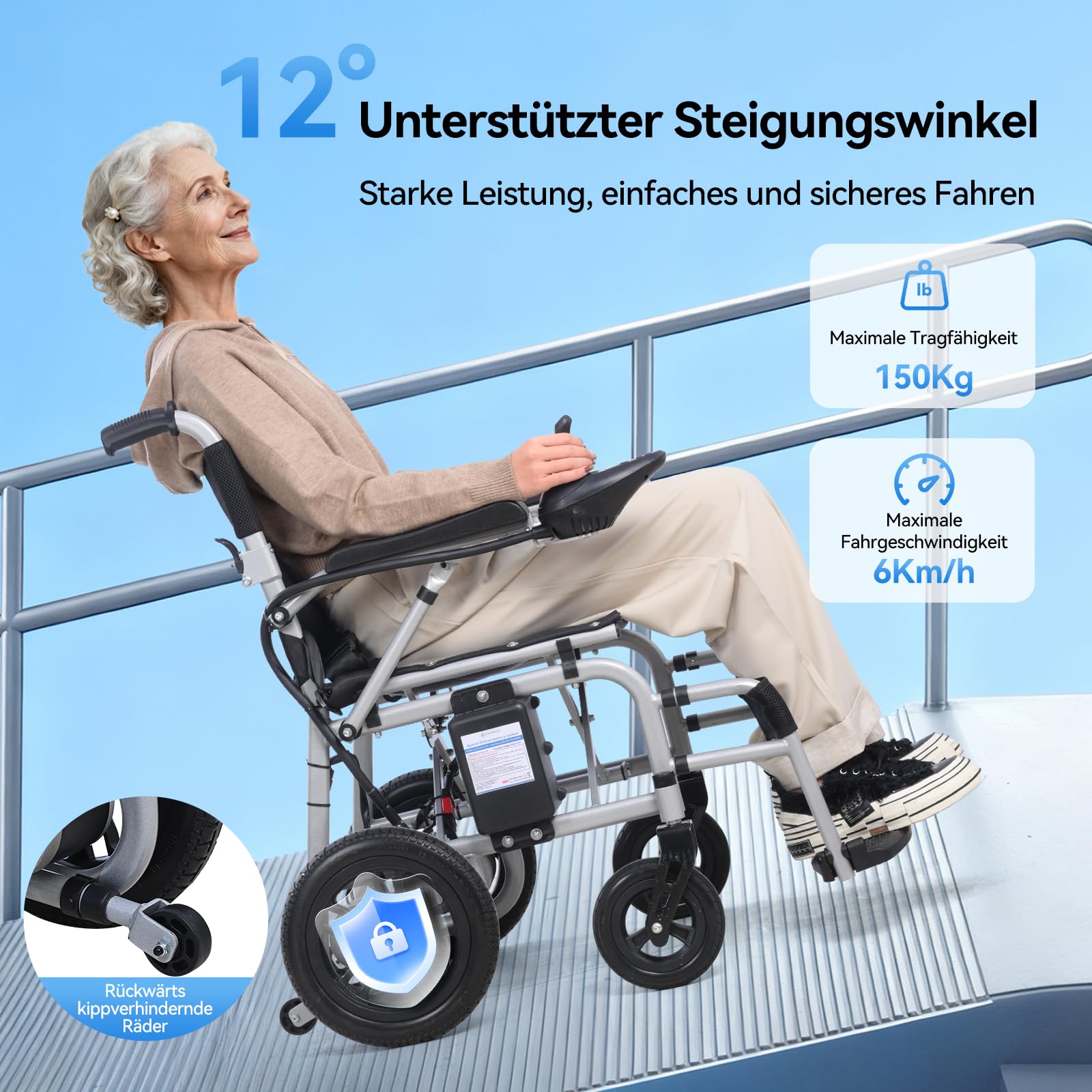 Elektrischer Rollstuhl mit langer Reichweite bis 20 km, stabil & bis 150 kg belastbar, faltbar für Transport, Anti-Kipp-System & Sicherheitsbremsen, für Alltag und Outdoor