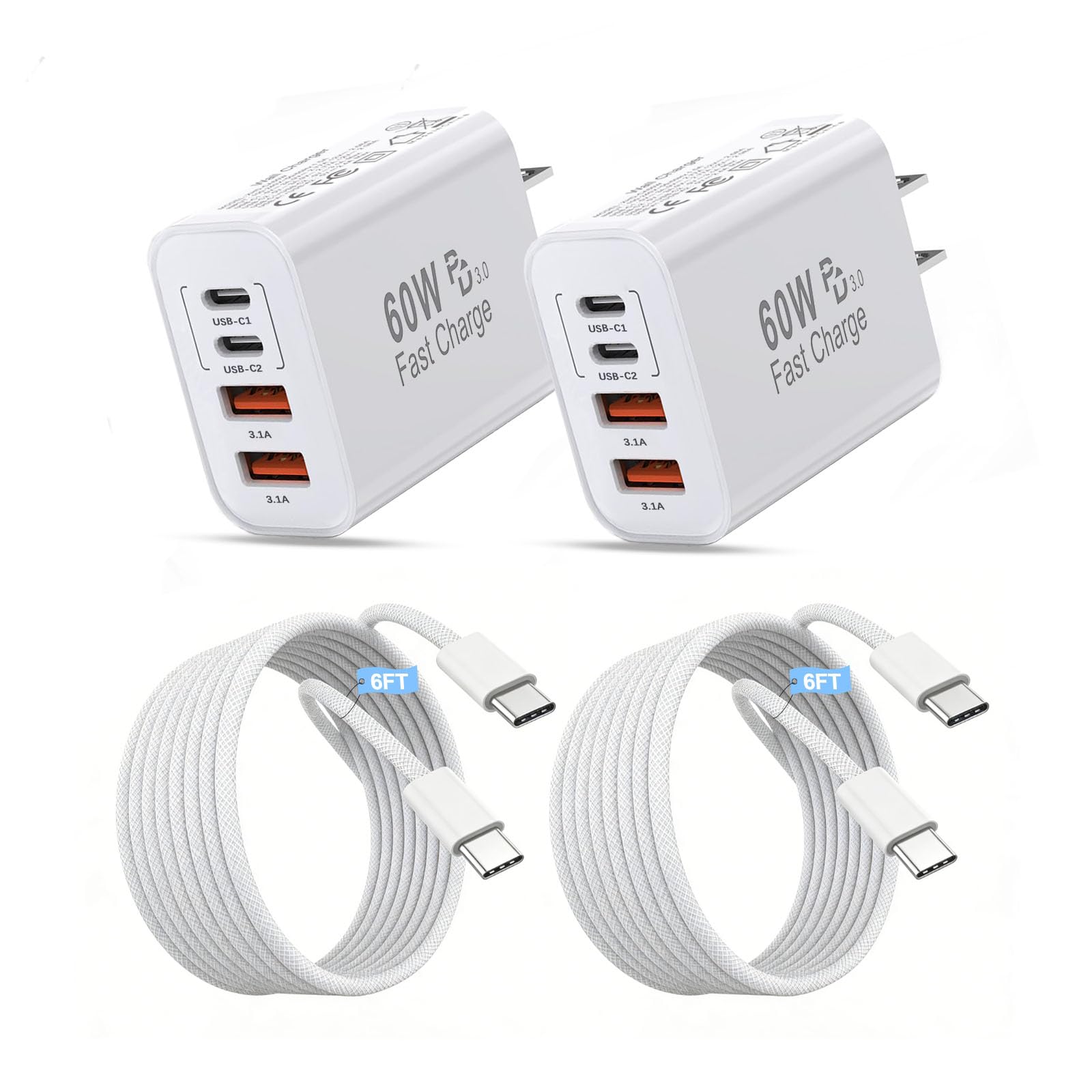 iPhone Charger Fast Charging,Apple 60W USB C Charger 4Port USB A/C Apple Charger Block Multiport Adapter 6FT USB C to C Cable Cord for iPhone Duo/18 ProMax/18Pro/Air/17ProMax/17/16ProMax/16E/16/15Plus