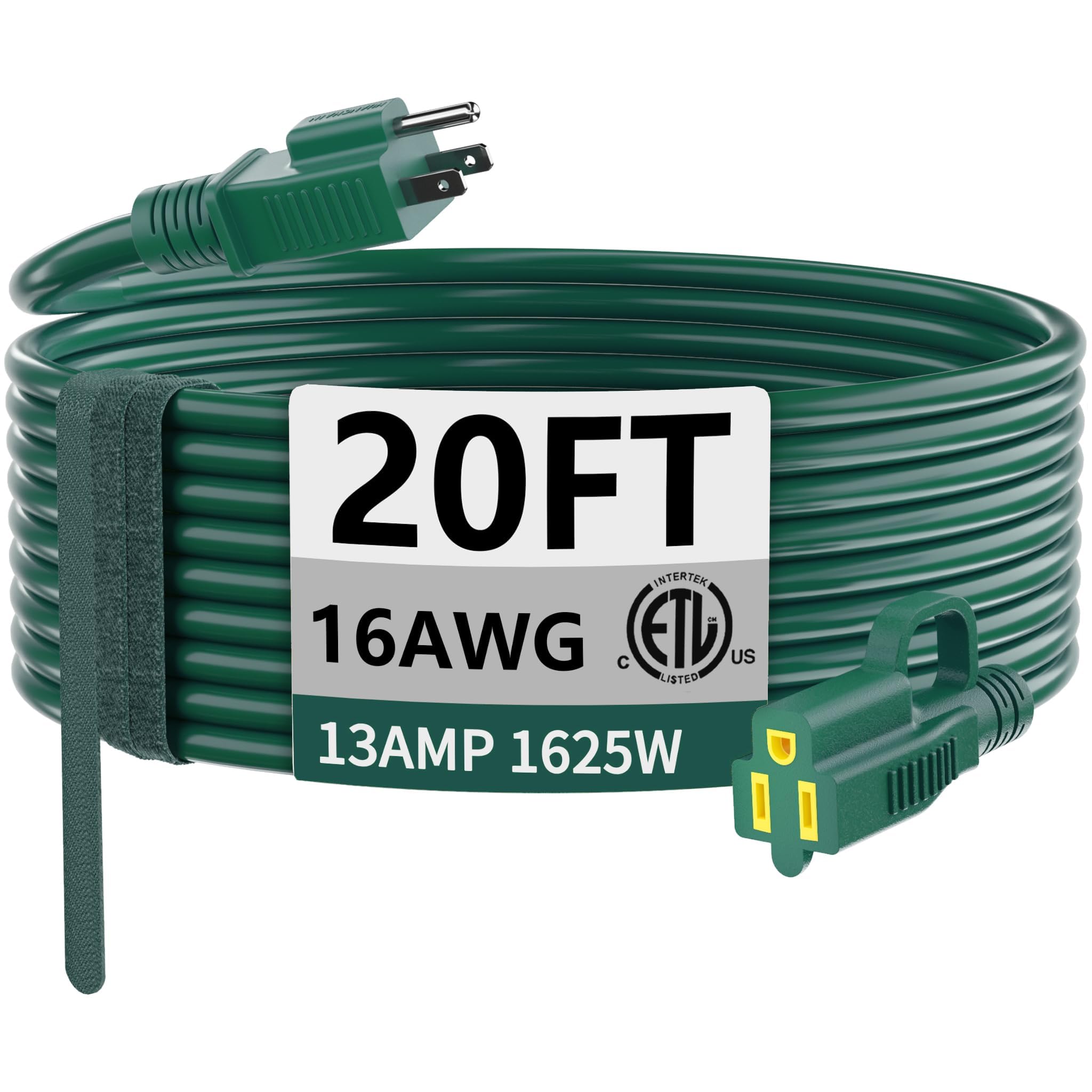 HUANCHAIN Indoor Outdoor Green Extension Cord 20 ft Waterproof, 16/3 Gauge Flexible Cold-Resistant Appliance Extension Cord Outside, 13A 1625W 16AWG SJTW, 3 Prong Electric Cord, ETL
