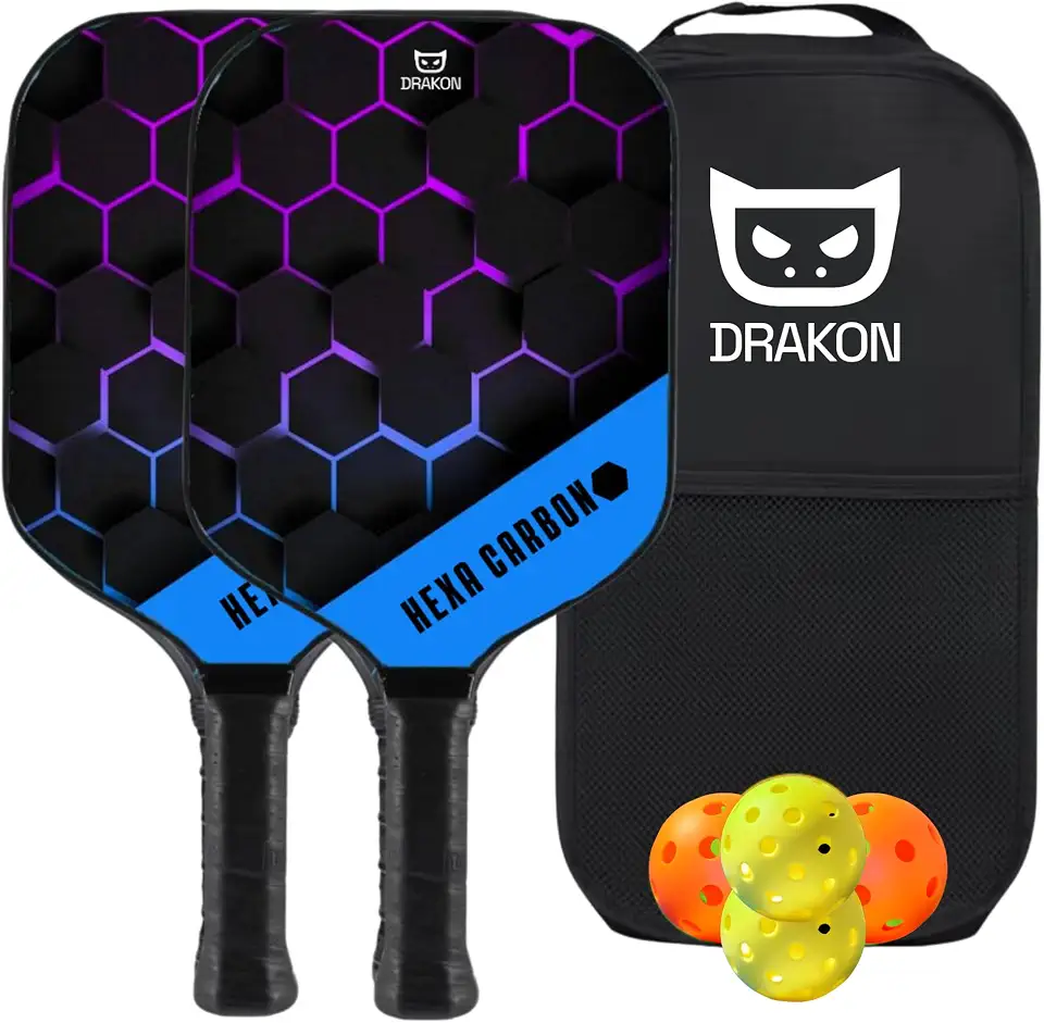 DRAKON - Set de 2 Palas Pickleball de Fibra de Carbono + Funda + 4 Pelotas de Pickleball - Núcleo de Panel de Abeja de Polipropileno - Adecuado Principiantes y Jugadores Ocasionales - Hexa Carbono