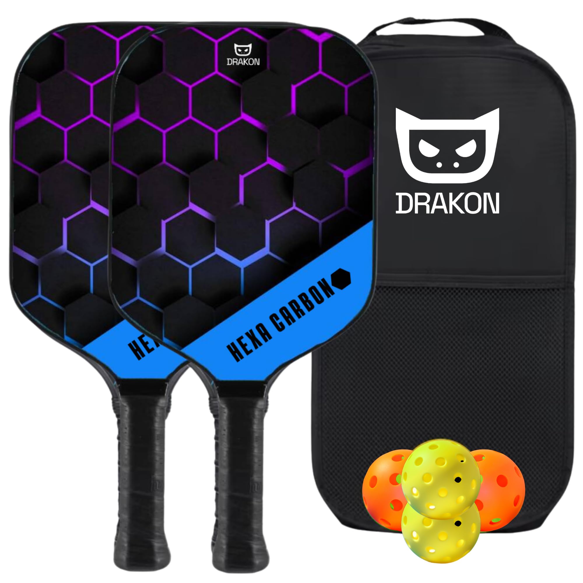 DRAKON - Lot de 2 raquettes de pickleball en fibre de carbone + housse + 4 balles de pickleball - Noyau en panneau d'abeille en polypropylène - Convient aux débutants et aux joueurs occasionnels