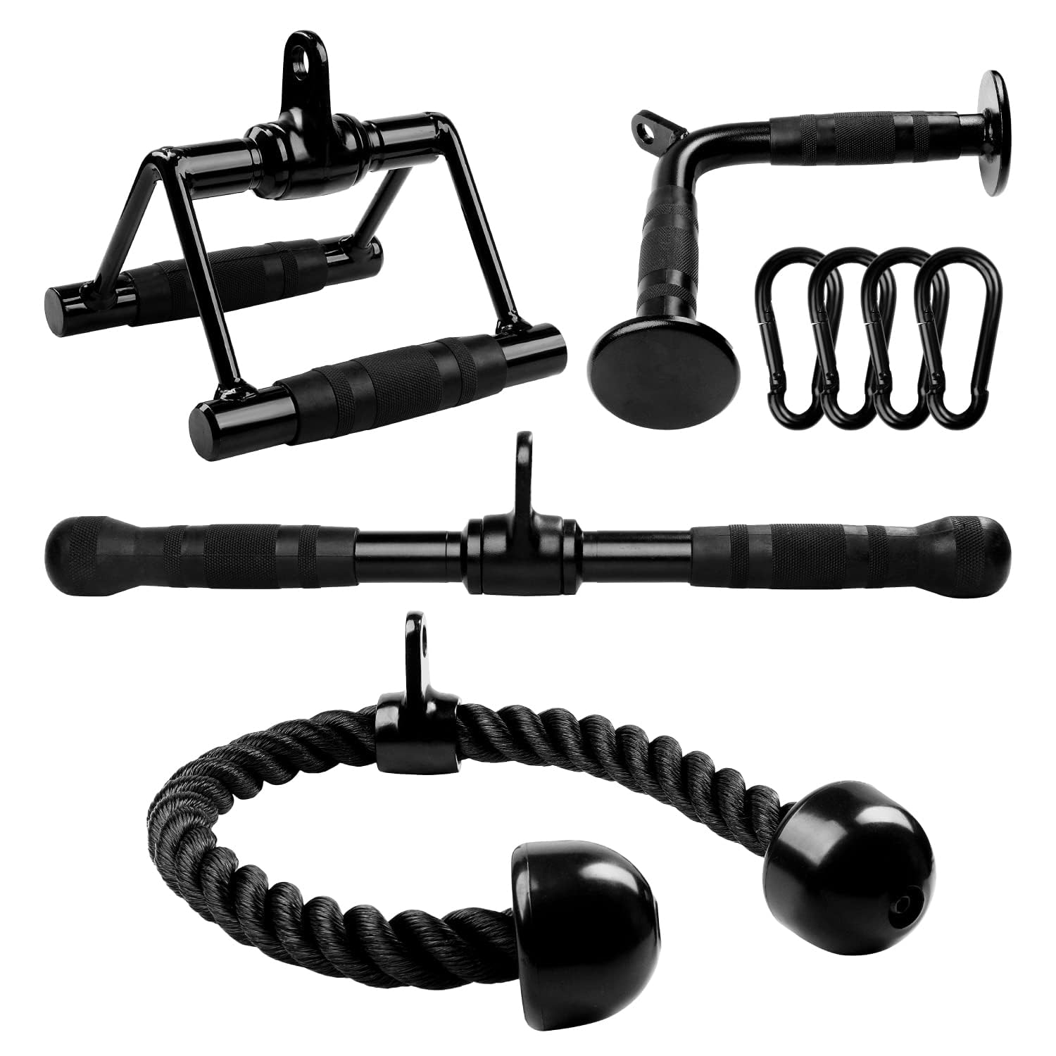 FSENTERPRISES Black Combo Tricep Press Down Cable Machine Attachment, LAT Pulldown Attachments for Gym Set with Tricep Pull Down Rope, Double D Handles, V-Shaped Bar and Rotating Straight Bar-image-34
