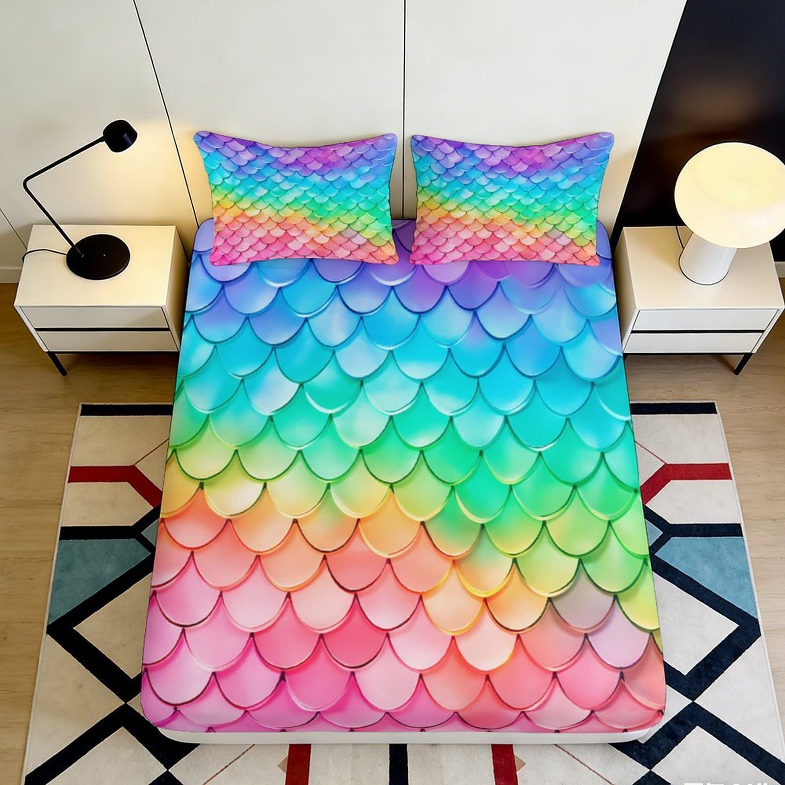 3D Printed Rainbow Mermaid Scales Fitted Sheet Microfiber Soft Mattress Cover for Bedroom Dorm Easy Care 140x200x25cm