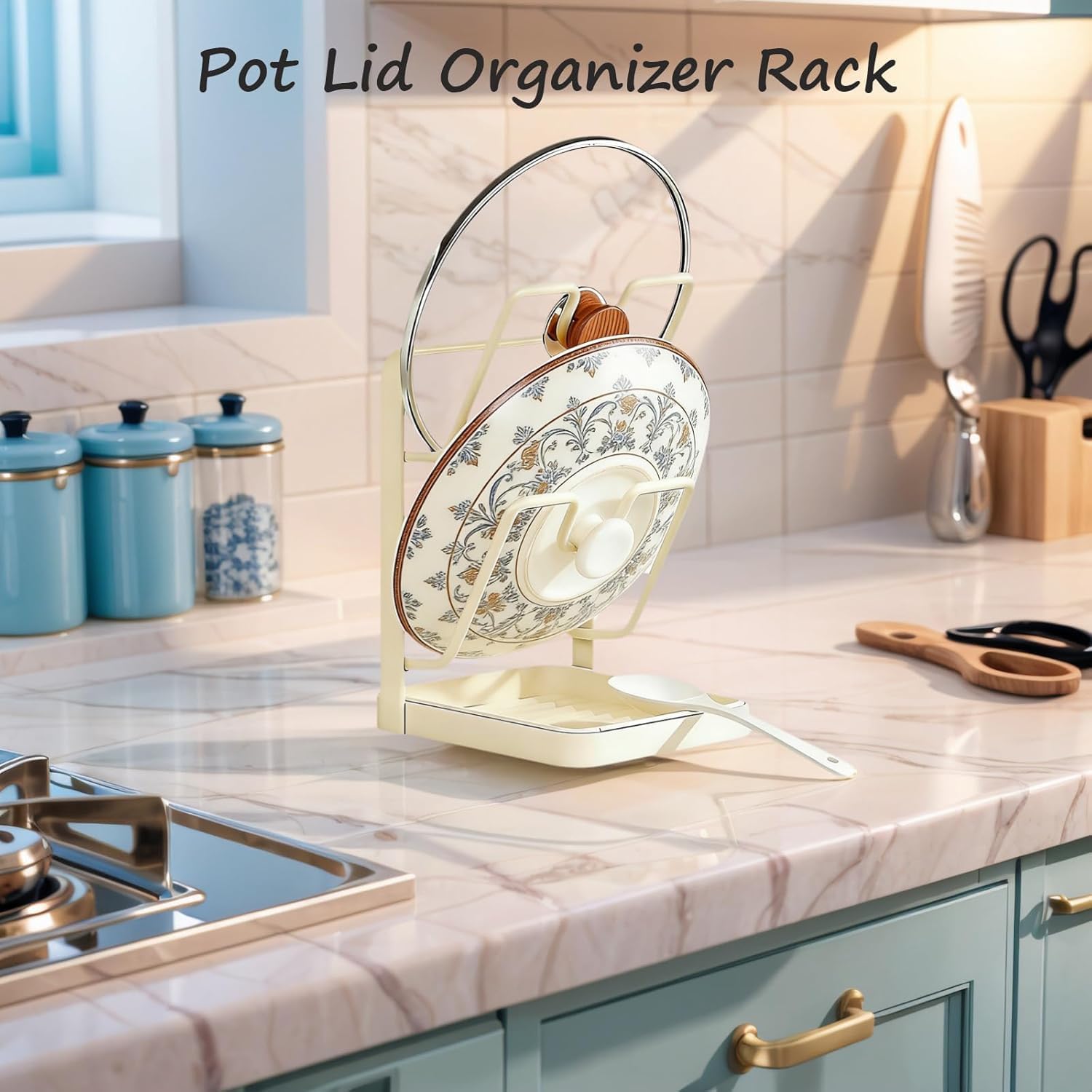 Kitchen Pot Lid Storage Rack, Stainless Steel Pot Lid Holder While Cooking for Countertop, Multifunctional Pots Lids Organizer Rack with Removable Drip Tray for Spatulas, Ladles & Large Lids(Gray) - Image 3