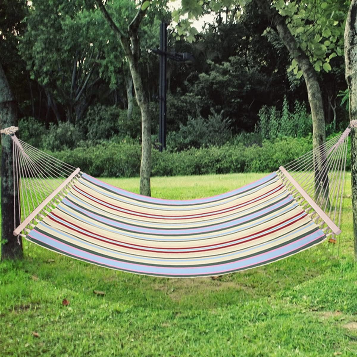 Hammocks Portable with Hardwood Spreader Bar Pillow Outdoor Heavy Duty 2 Person for Indoor Outdoor Camping Beige Stripe Pattern