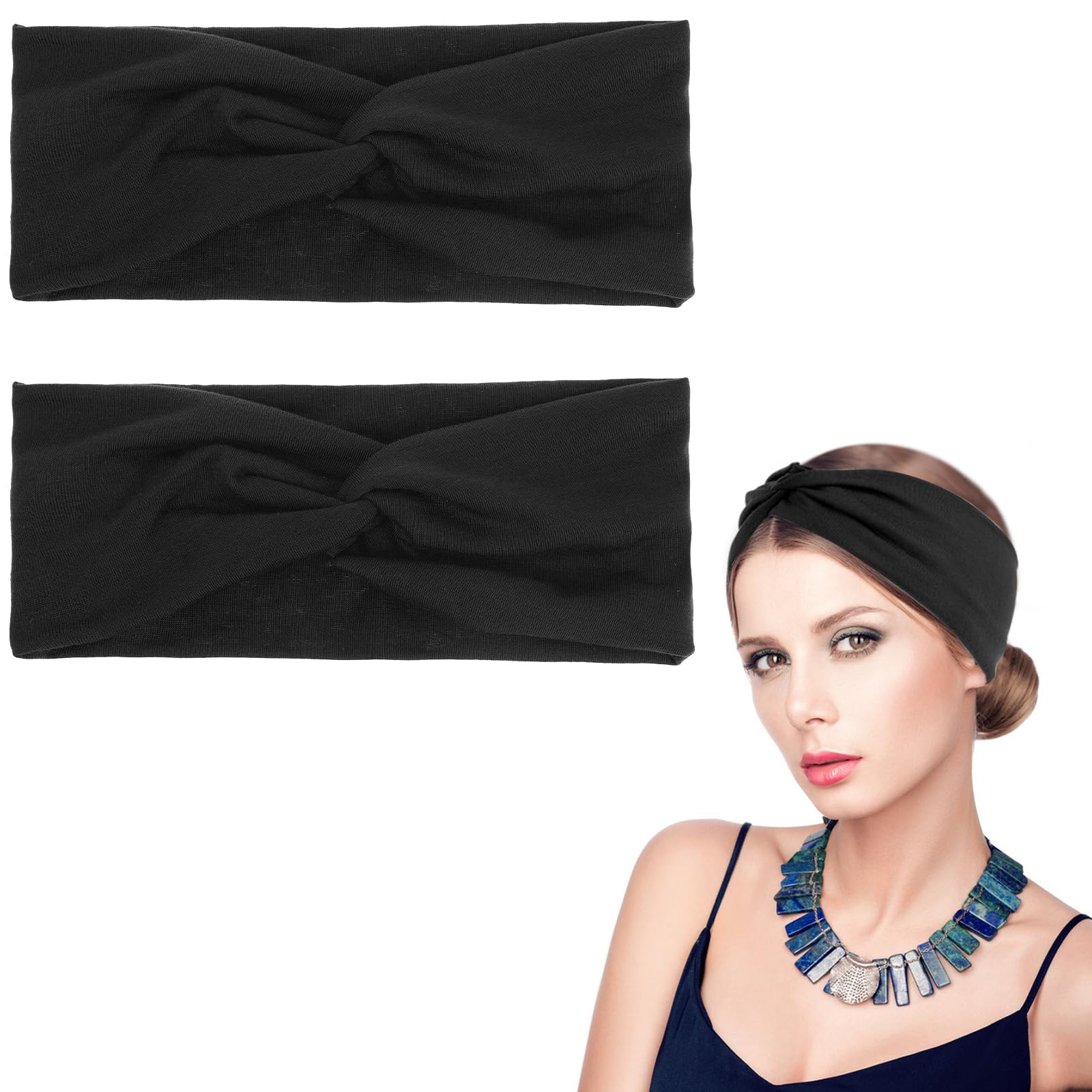 WLLHYF Wide Headbands for Women Turban Non Slip Headbands Black 2 Pack