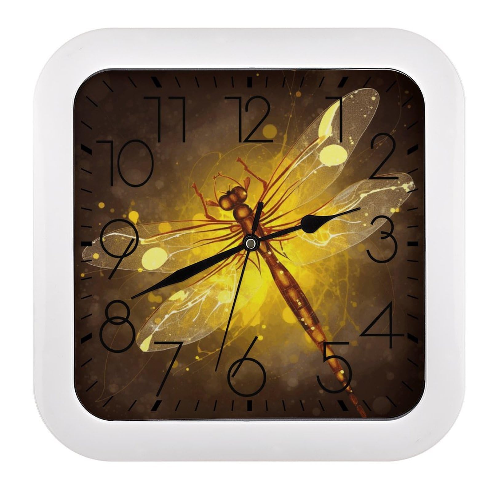 FekiLoot Abstract Yellow Dragonfly Wall Clock 10.2" Modern Farmhouse Square Clocks Silent No Ticking, Wall Art and Timepiece Clock for Shelf Table Mantel Or Bedside Clocks