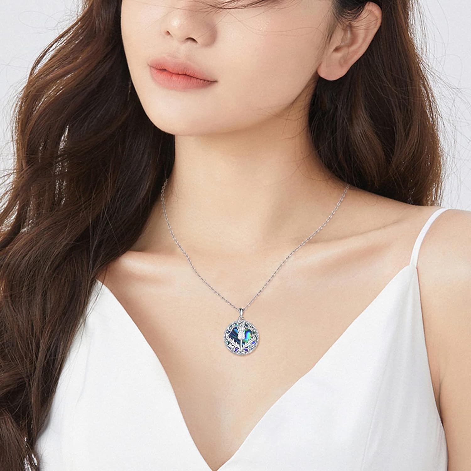Scottish Thistle Necklace 925 Sterling Silver Abalone Shell Celtic Knot Scotland Flower Pendant Necklaces Love Jewelry Valentine's Day Gifts for Women - Image 4