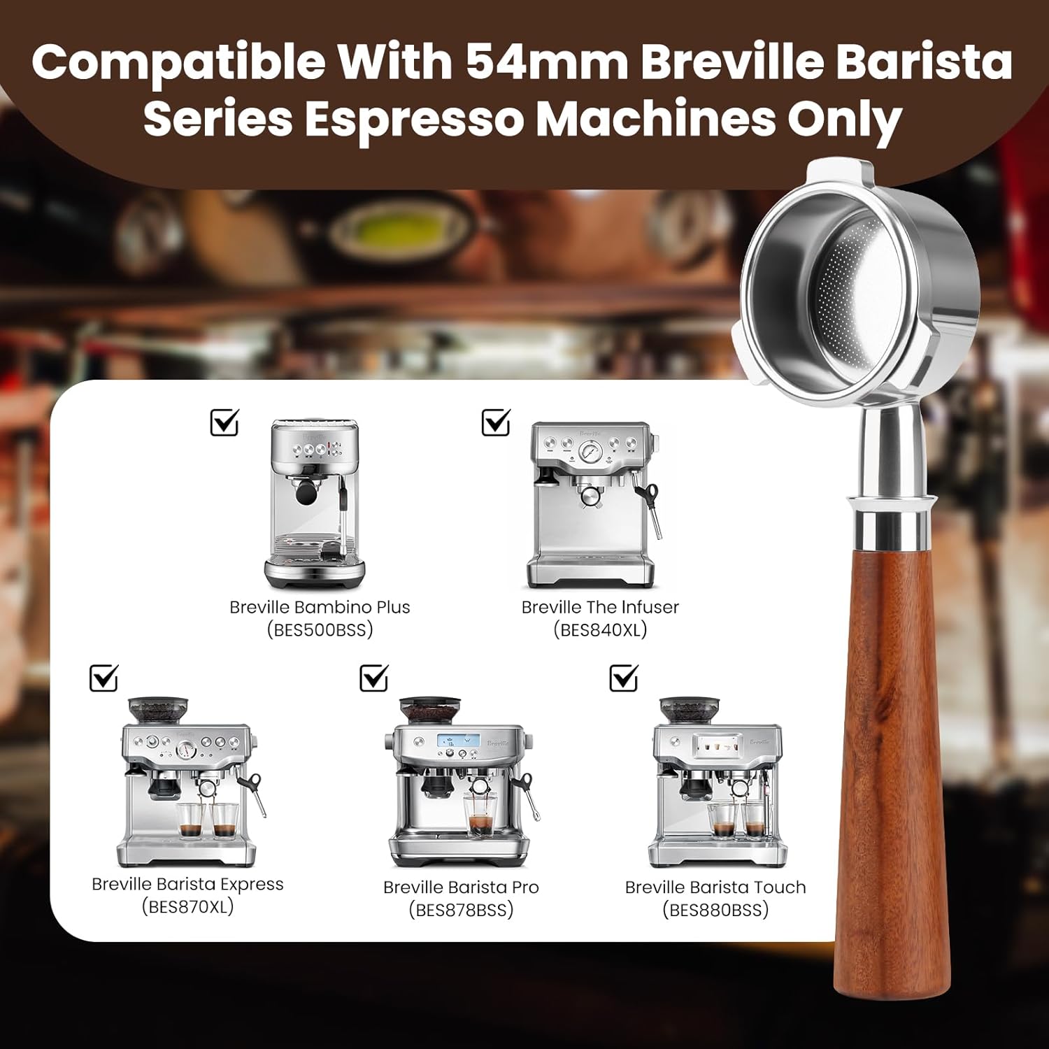 54mm Bottomless Portafilter Compatible with Breville Barista Express/Pro/Touch/Bambino Plus and Bambino Plus, Filter Basket + Puck Screen Included
