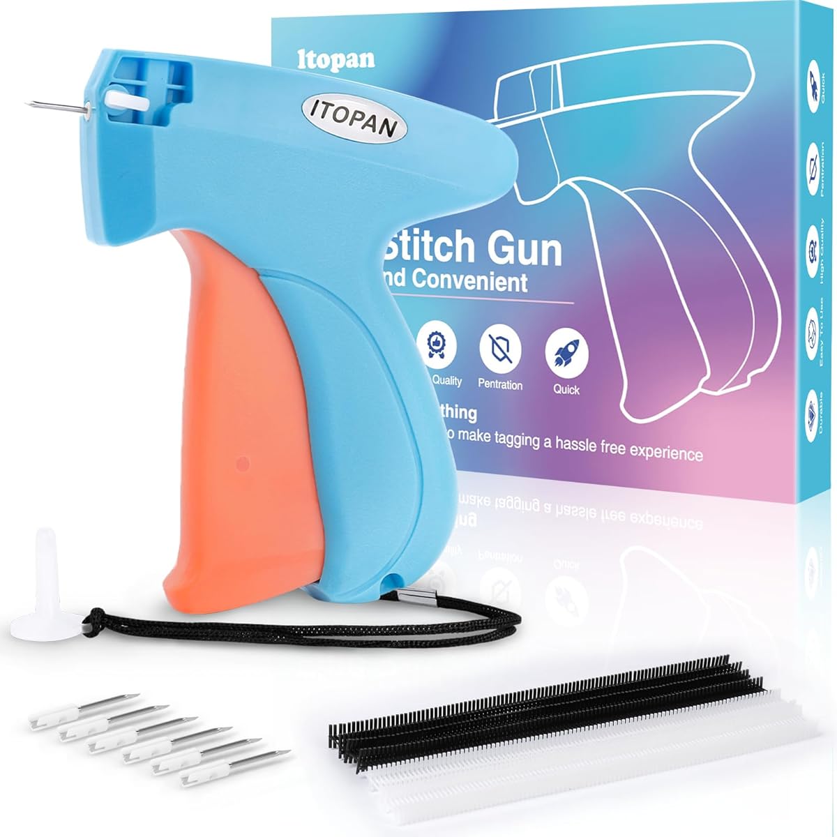 Itopan Stitch Gun for Clothes, Tagging Gun for Clothing Quick Fixes - Price Tag Gun with 6 Fine Needle, 1000 Black Fasteners & 1000 White Fasteners DeepSkyBlue1+Coral