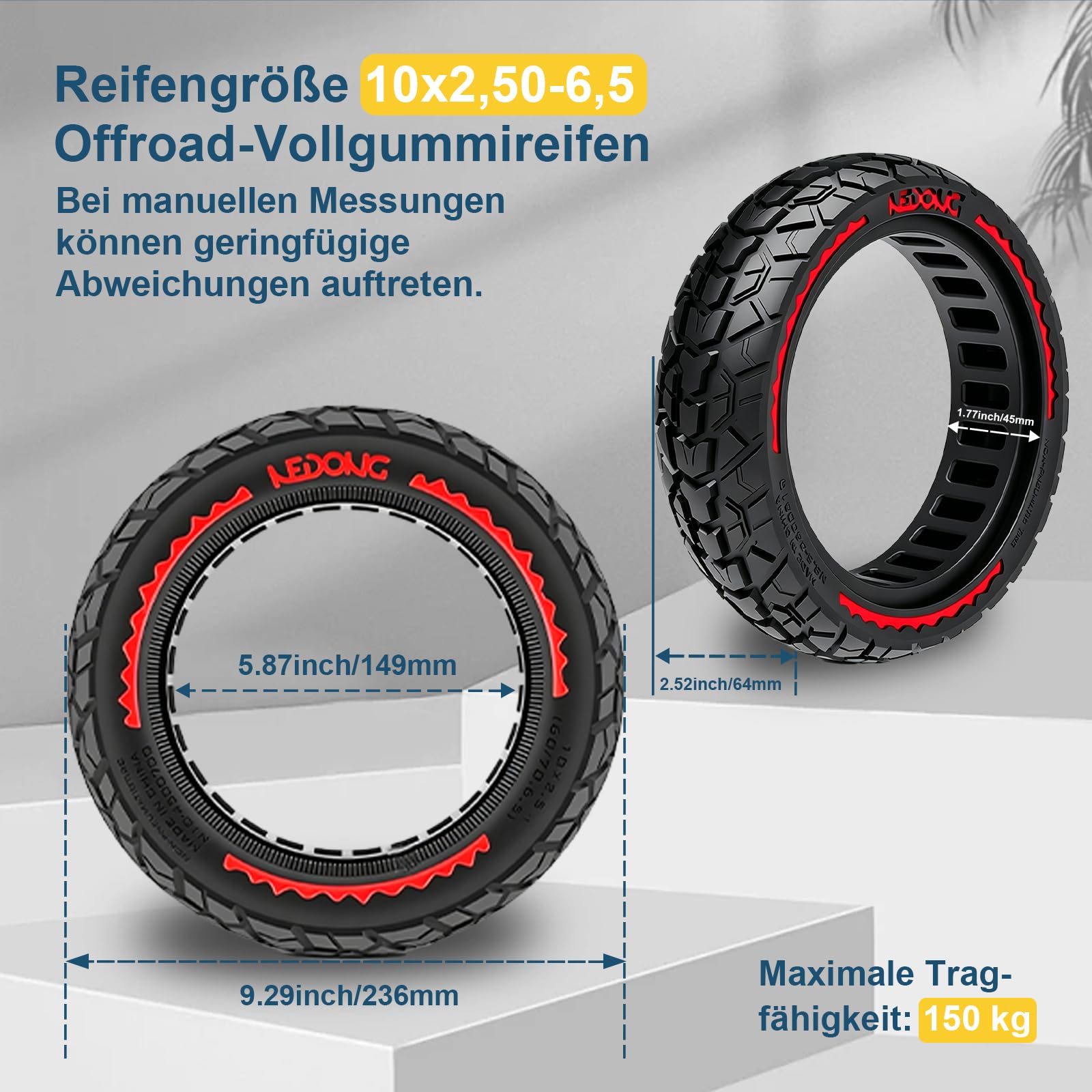 Pneu solide 60/70-6,5 10 x 2,50 en caoutchouc pour scooter Ninebot Max G30/G30 D2/F2 Pro D/Xiaomi 5/5 Pro/5 Max E Scooter 10" Anti-crevaison Antidérapant Résistant à l'usure (rouge)