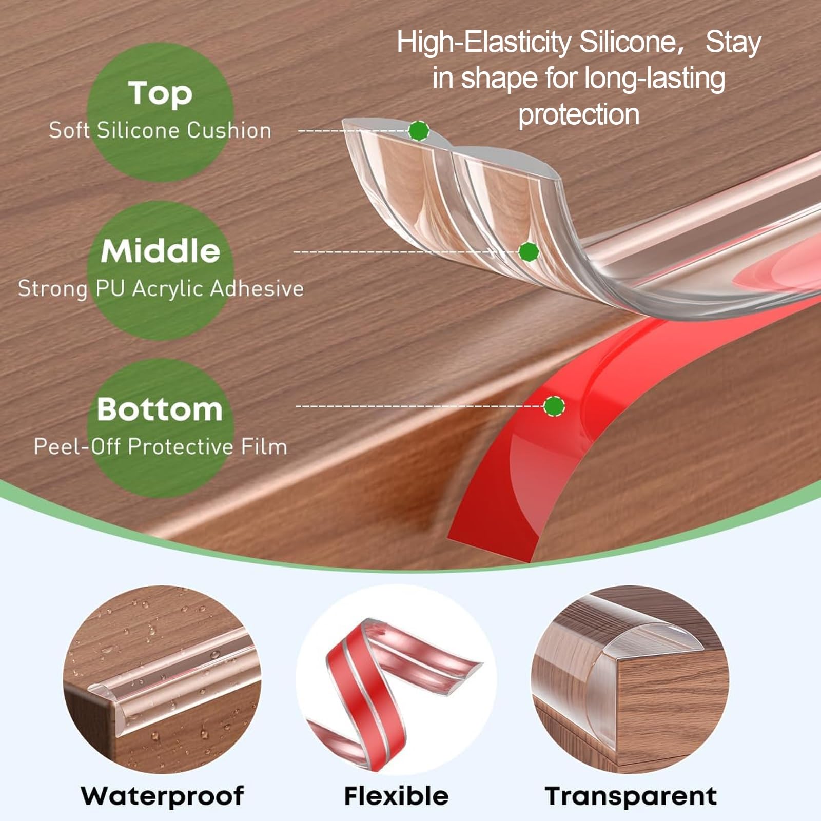 Eckenschutz, Kantenschutz aus Silikon, mit Klebstoff, 10 mm breit, 2 m lang, für Schreibtisch und Schrank, scharfe Kantensicherheit, transparent