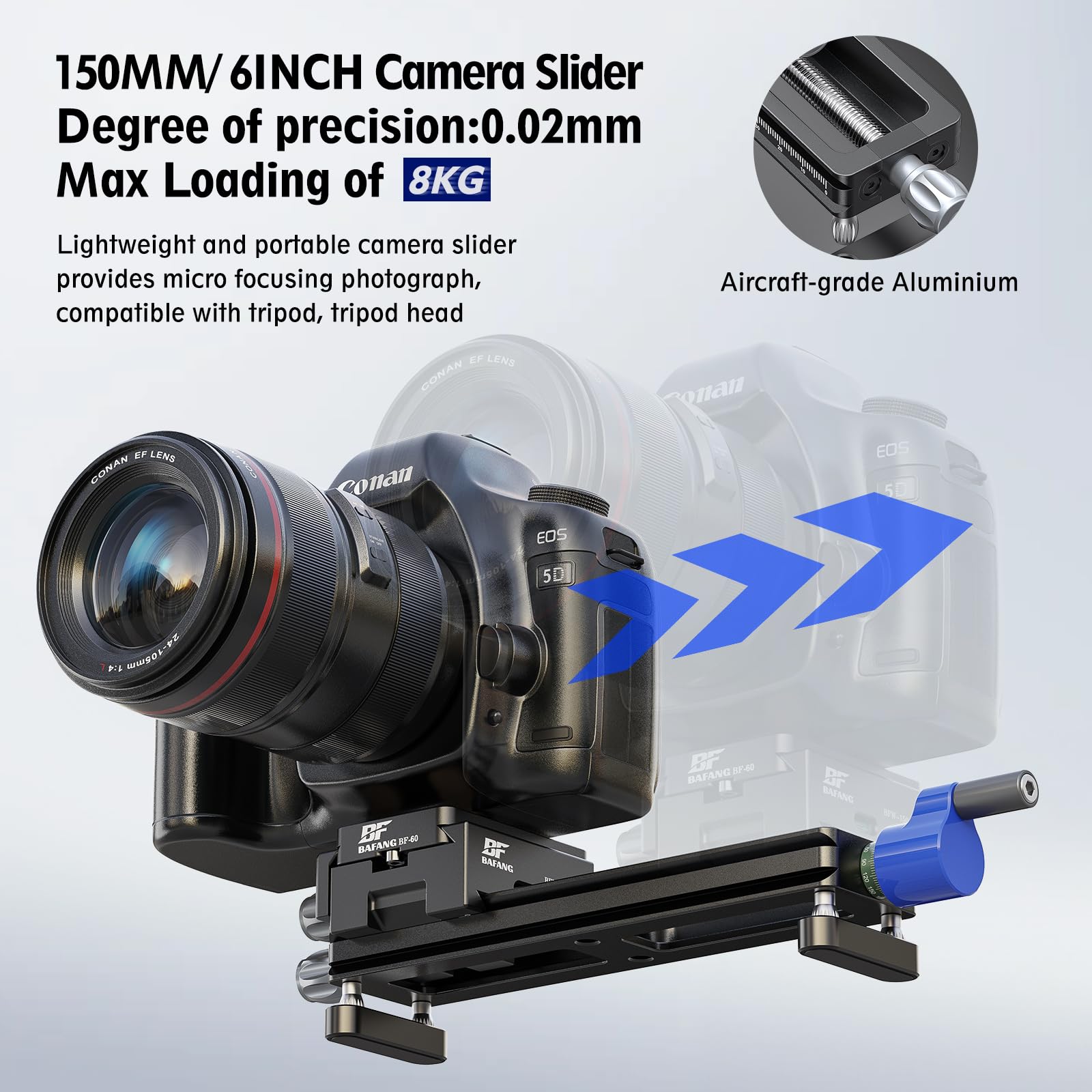 Makro Fokussierschiene für Makrofotografie, Makro Einstellschlitten/Macro Focusing Rail/Kameraschiene mit Schnellwechselplatte Klemme, 150 mm Kamera-Schieber, Maximale Belastung 8 kg