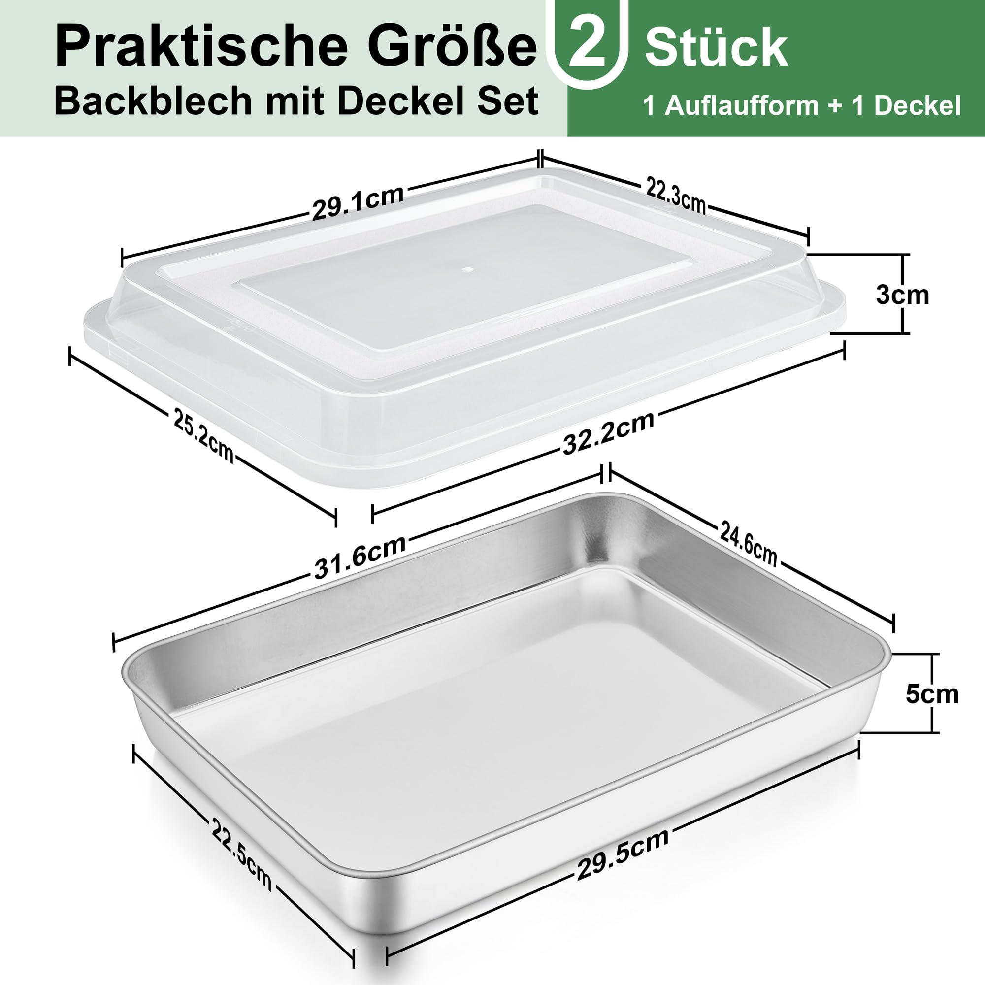 HaWare Backblech mit Deckel, Edelstahl Rechteckige Auflaufform Ofenblech mit Transportbox, 31,6x24,6x5cm, Tiefes Kuchenblech Fettpfanne für Brownie Kuchen Lasagna, Gesund & Ungiftig, Spülmaschinenfest
