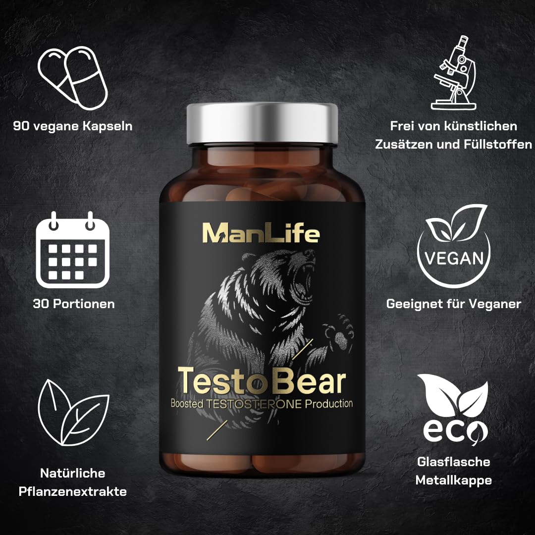 Testosteron Booster für Männer - TestoBear 90 vegane Kapseln | Erhöht Testosteron, Libido, Kraft, Muskelmasse und stärkt die Erektion | Umweltfreundlich – Glasflasche mit Metallve