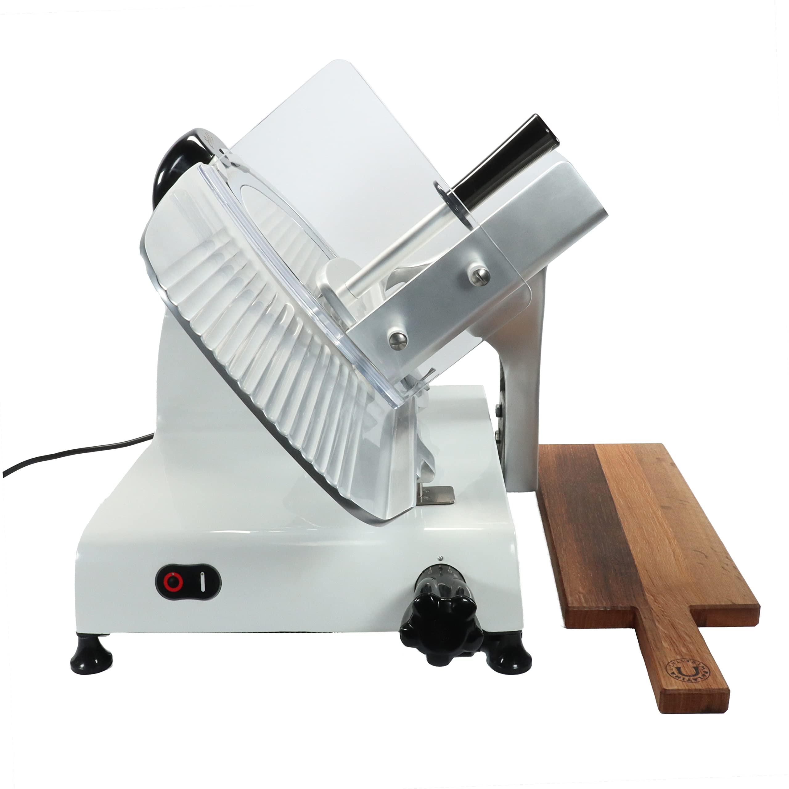 Palatina Werkstatt ® Berkel Red Line 300 | Affettatrice a gas | Diametro lama 300 mm | Bianco | Affettatrice integrata | + tagliere in legno di barile