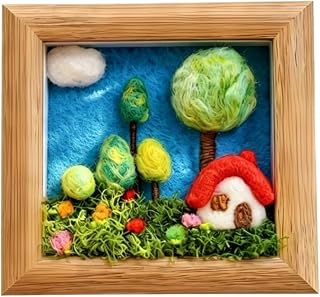 PRUGERAHER Wool Felt Kit Starter Cherry Blossom Landscape Needle Felt Painting Kit Miniature Forest Cabin Wool Felt Framed Art Decor Kit Cute DIY Wild Mushroom Wool Felt Set for Home Decor (Pink)