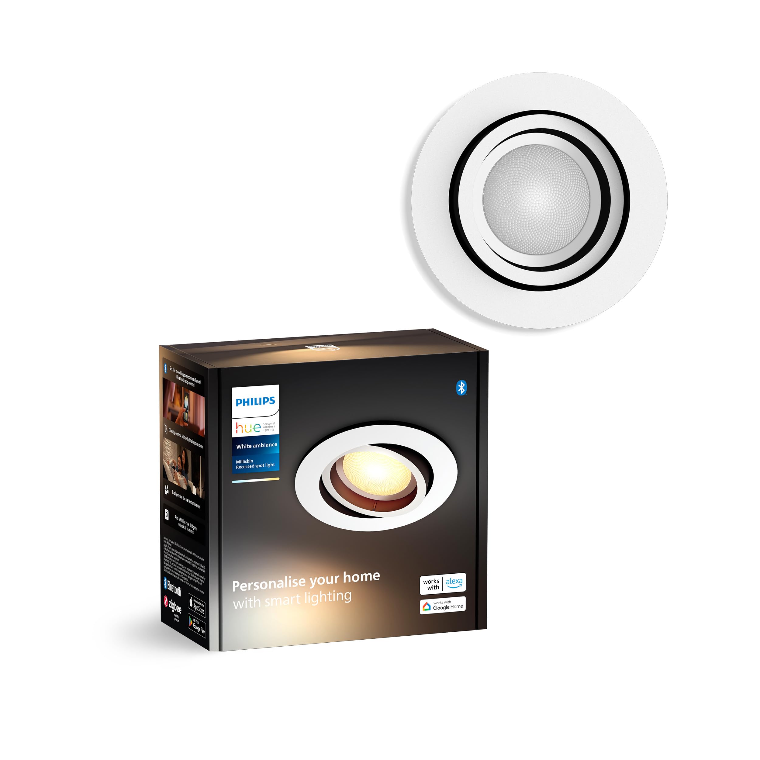 Philips Hue Milliskin White Ambiance Einbauspot, Weiß, (400lm / 70mm), 1er Pack, warm- bis kaltweißes Licht, steuerbar via App, kompatibel mit Amazon Alexa (Echo, Echo Dot), neue Generation