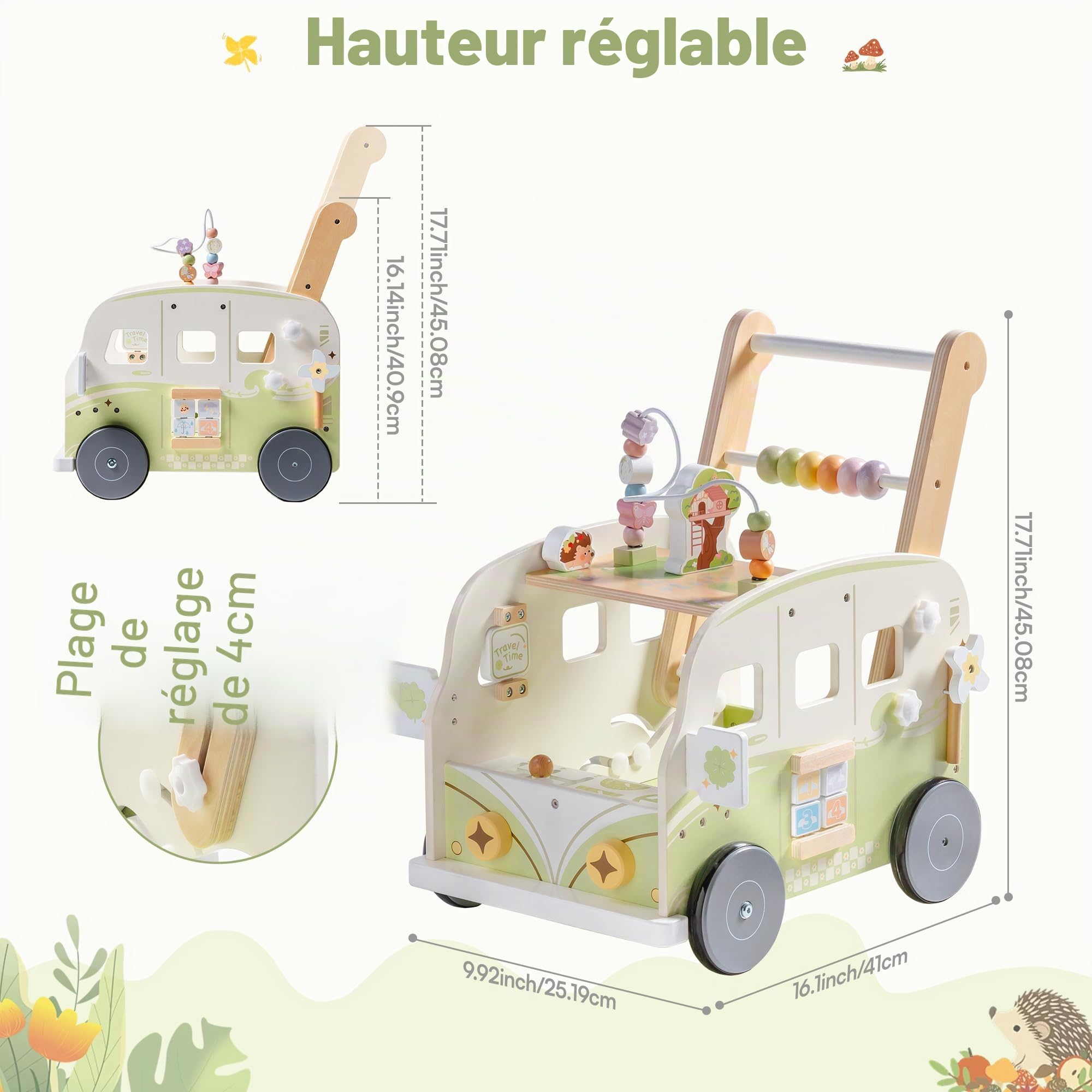 ROBOTIME Poussette d'apprentissage en bois multifonctionnelle avec réglage de la hauteur et contrôle de la vitesse, cadeau pour les tout-petits de 10 à 36 mois (animaux de la jungle vert)