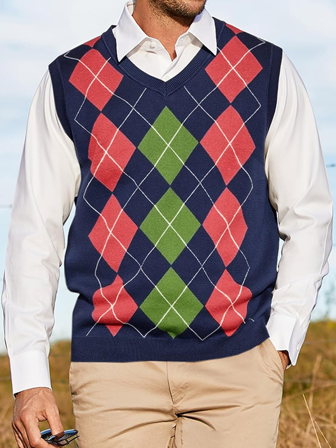 Gafeng Mens Argyle Sweater V-Neck Casual Winter Slim Fit Lightweight Sleeveless Knitwear Vest - Image 3