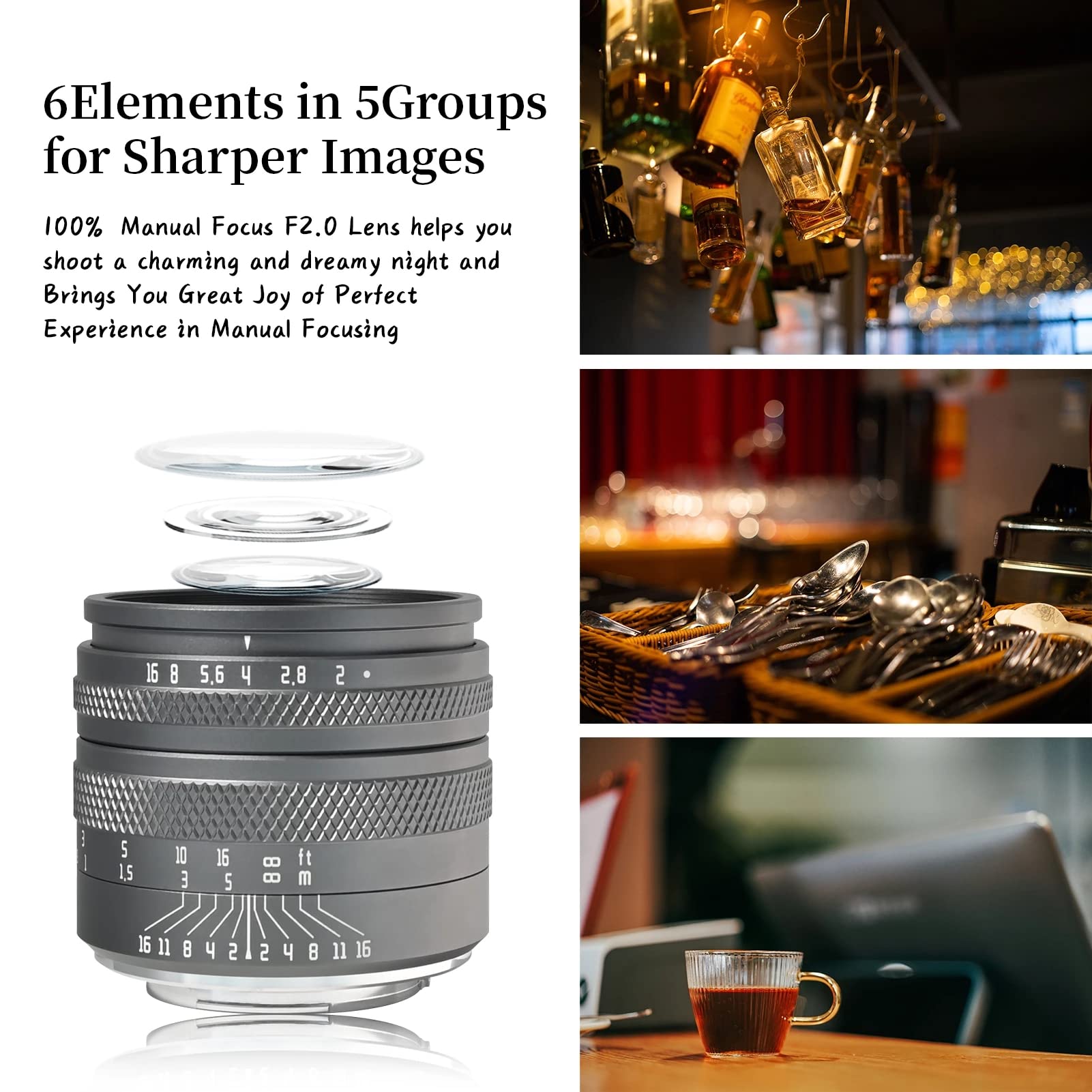 AstrHori 50 mm F2.0 Objectif manuel plein format avec grand diaphragme compatible avec les appareils photo Canon EF-M sans miroir Gris