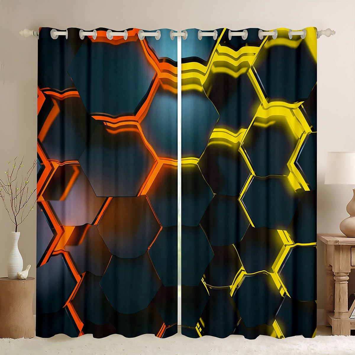 Honeycomb Fenster Vorhänge, Hexagon Gelb Orange Neon Lichter Küche Fenster Behandlungen, 3D Fenster Vorhänge für Zuhause, 2 Platten, L Größe,Guter Schattierungseffekt