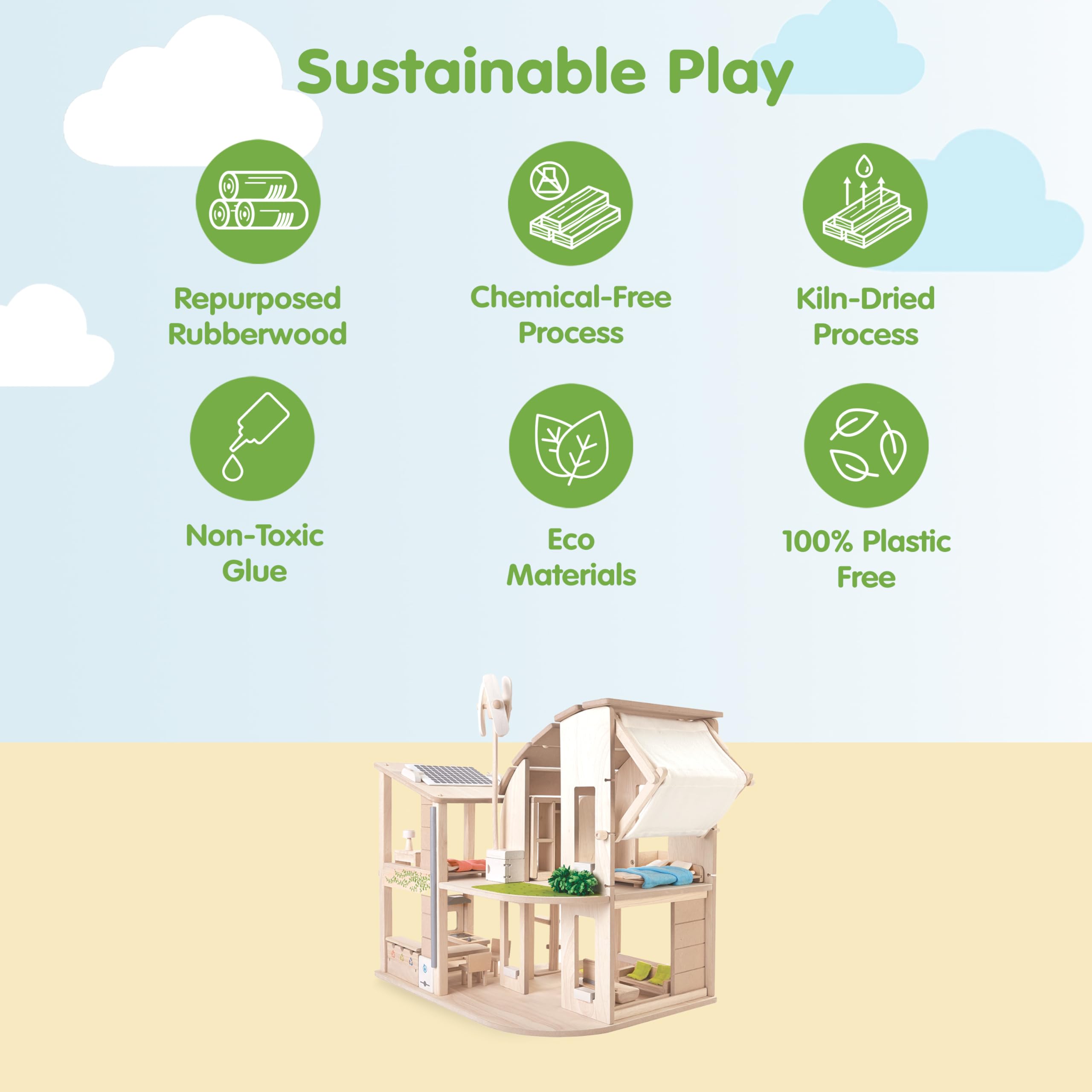 PLAN TOYS - "Green" Doll's House with Furniture