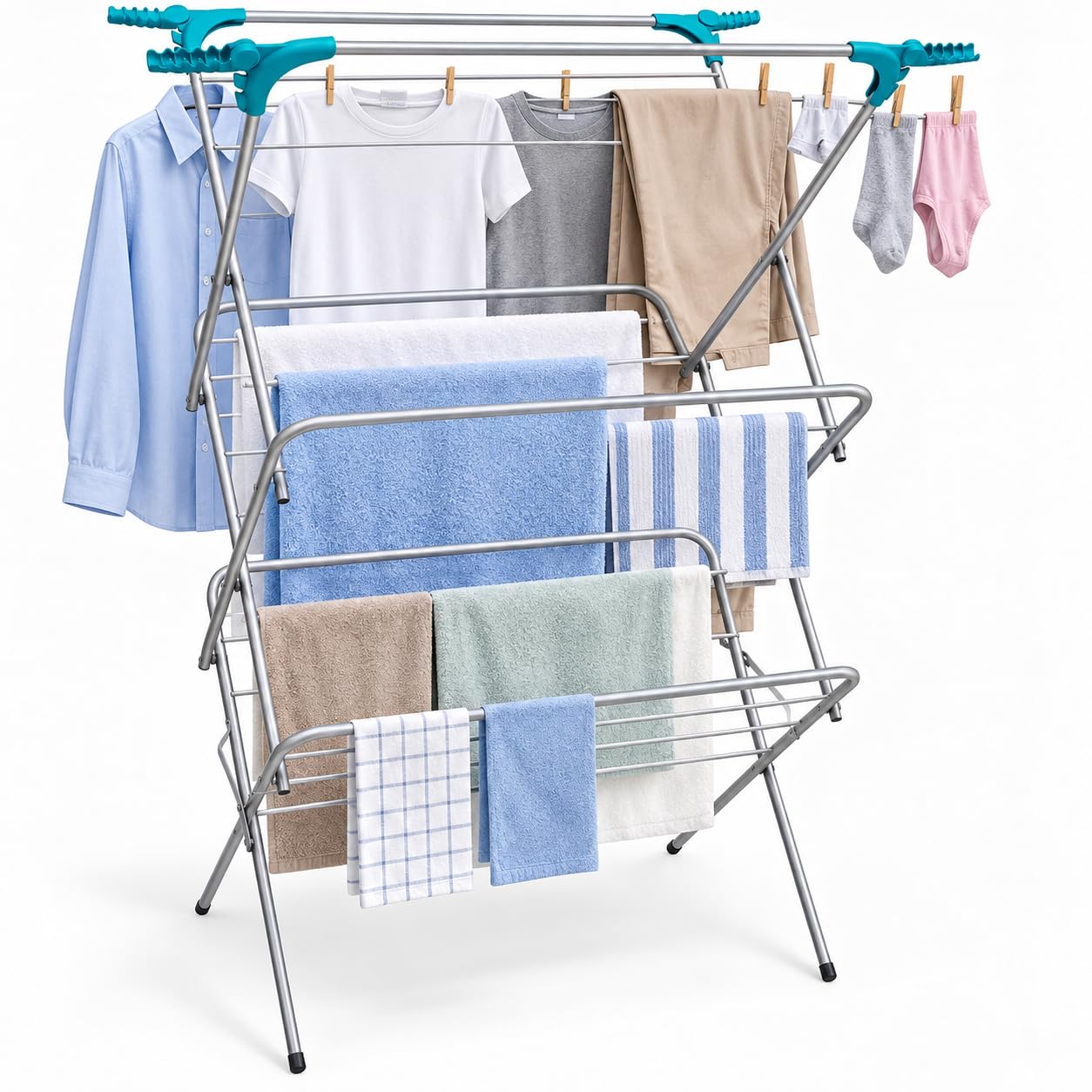 XAVRO 3 Tier Folding Clothes Airer Indoor Laundry Drying Rack Freestanding Metal Clothes Horse Foldable Space Saving Dryer for Clothes Towels Bedding Home Utility Room Silver, Style 2