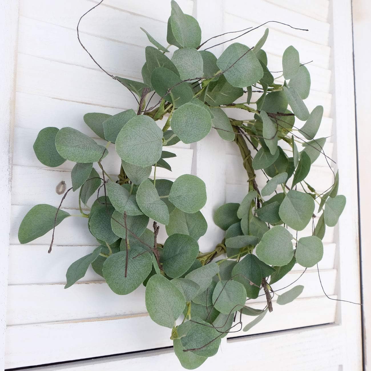 idyllic Eucalyptus Leaves Wreath Metal Polyester Green Wreath 14 Inches for The Front Door Décor, 1 Pack - Image 3
