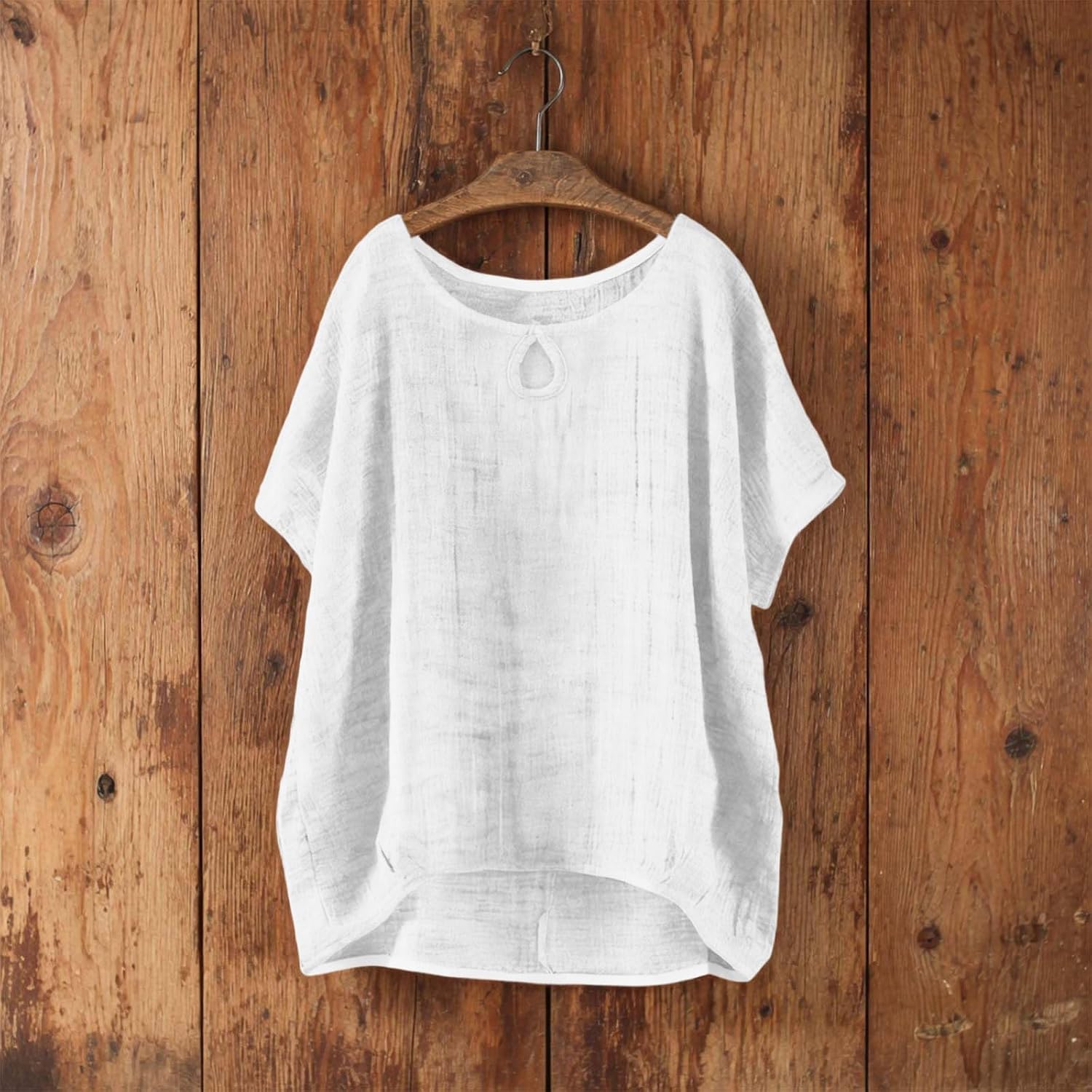 Linen Shirts for Women Crew Neck Batwing Sleeve Tops Cutout Gauze Casual High Low Hem Blouse Summer Loose Clothes