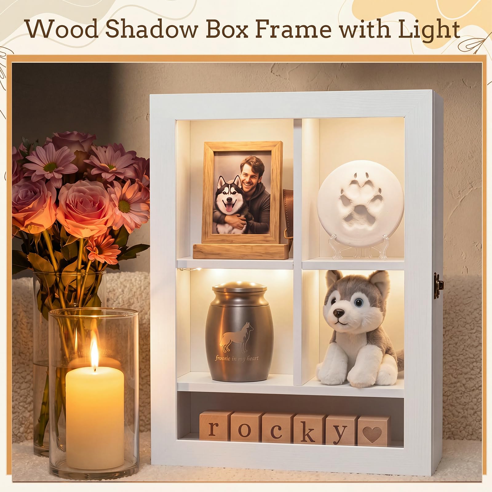 Hoteam Gedenk-Schattenbox für Haustiere, mit Licht, 30,5 x 40,6 cm, 11,4 cm, mit Regalen, personalisierter Andenkenrahmen für Hunde- und Katzenliebhaber, Haustier-Gedenkverlust, Trauergeschenk (weiß)
