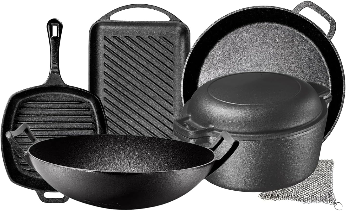 Pre Seasoned Cast Iron 7 Piece Bundle Gift Set, Double Dutch, Rectangular Grill Pan, Wok, Large Skillet, Square Grill Pan & Chainmail, Camping Cookware Set 1