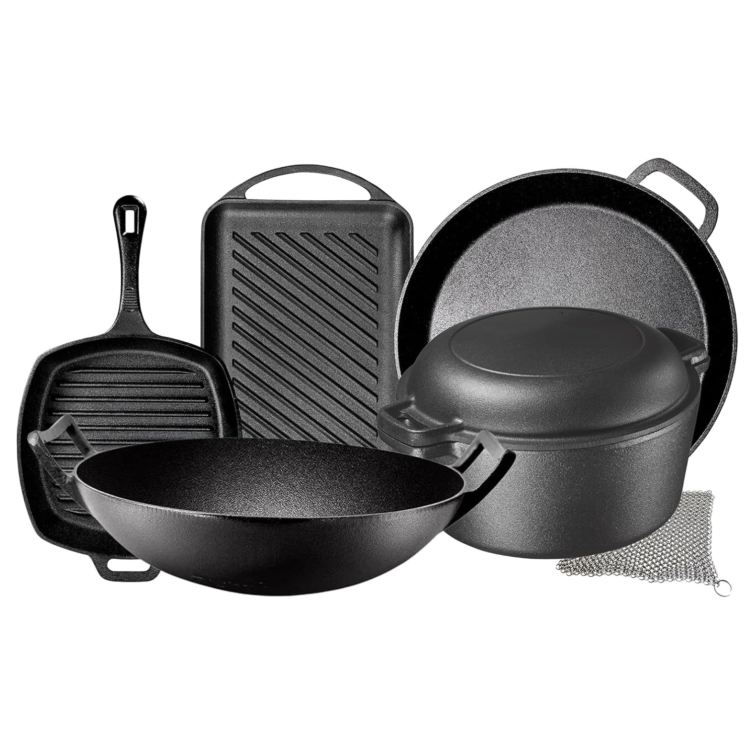 Pre Seasoned Cast Iron 7 Piece Bundle Gift Set, Double Dutch, Rectangular Grill Pan, Wok, Large Skillet, Square Grill Pan & Chainmail, Camping Cookware Set