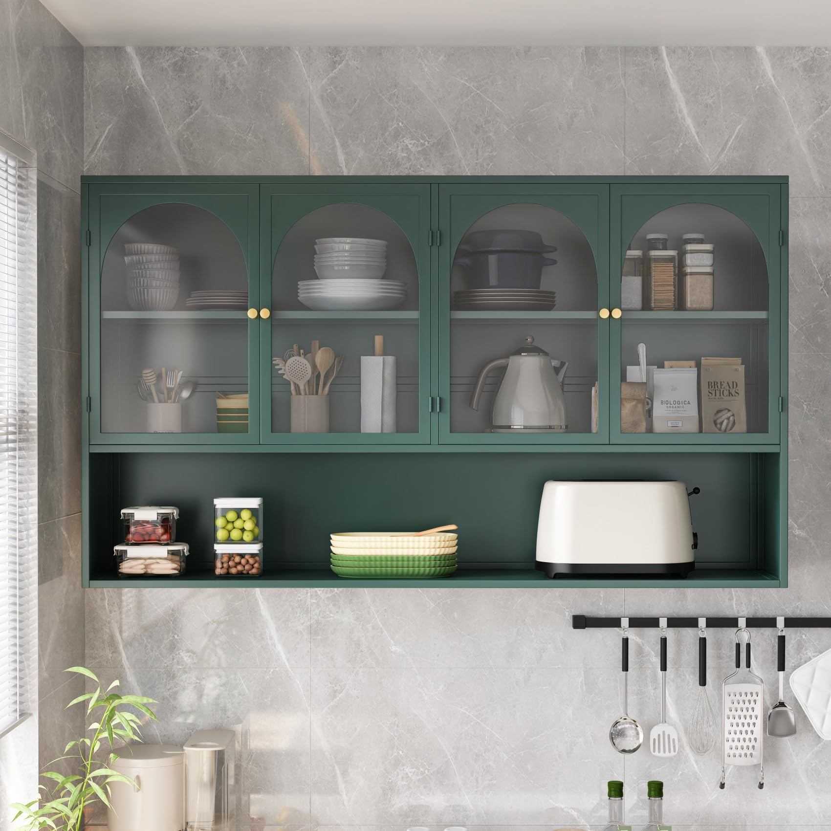 KEIKI 47" Wall Sideboard Buffet Storage Medicine Cabinet with 4 Glass Doors & Shelves, Modern Metal Credenza for Kitchen, Dining, Living Room, Coffee