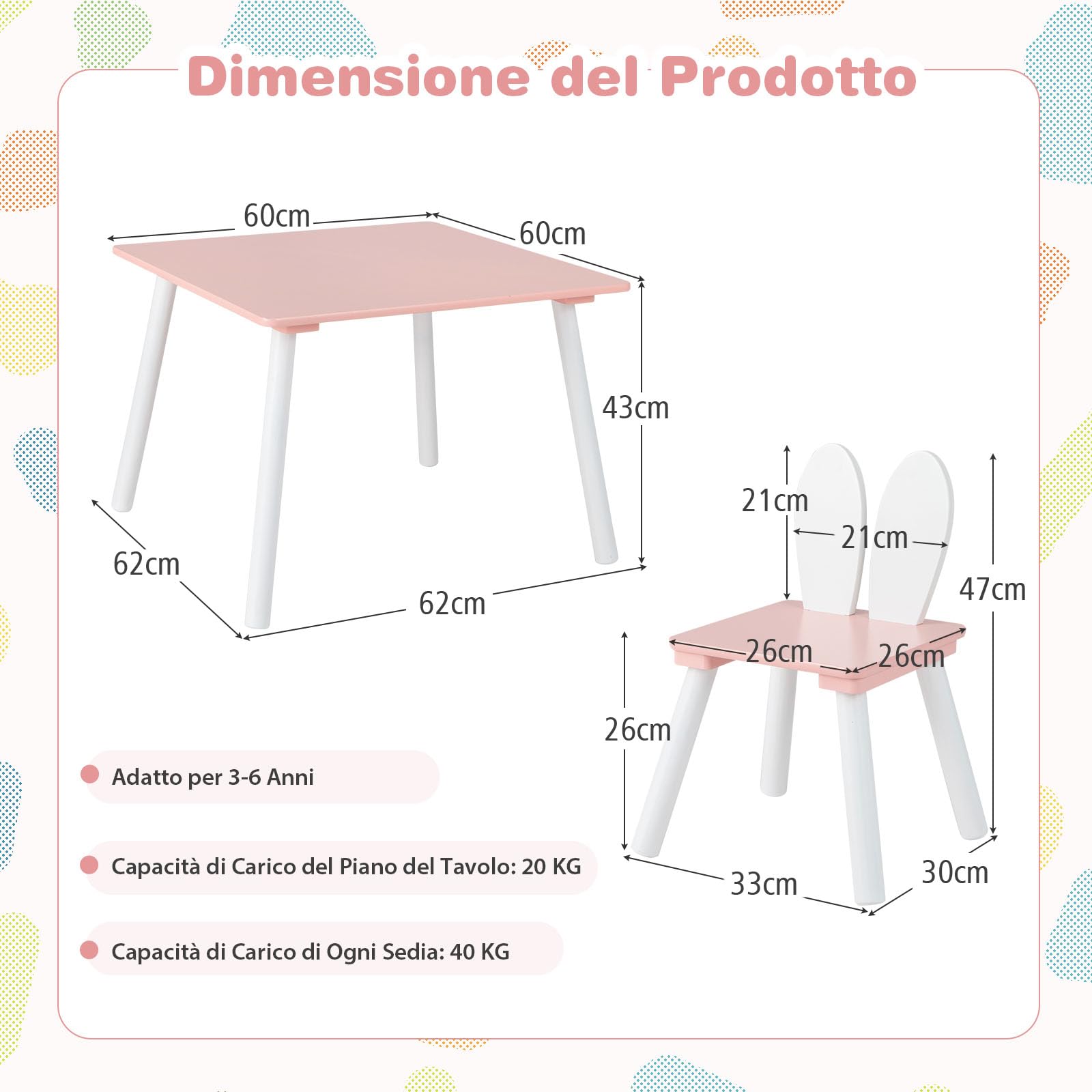 RELAX4LIFE Tavolino Bambini con 2 Sedie con Orecchie da Coniglio, Set Tavolo e Sedie in Legno per Bambini 3-6 Anni, Design Compatto, Tavolino per Giocare, Disegnare e Leggere, Porta 40 KG (ROSA)