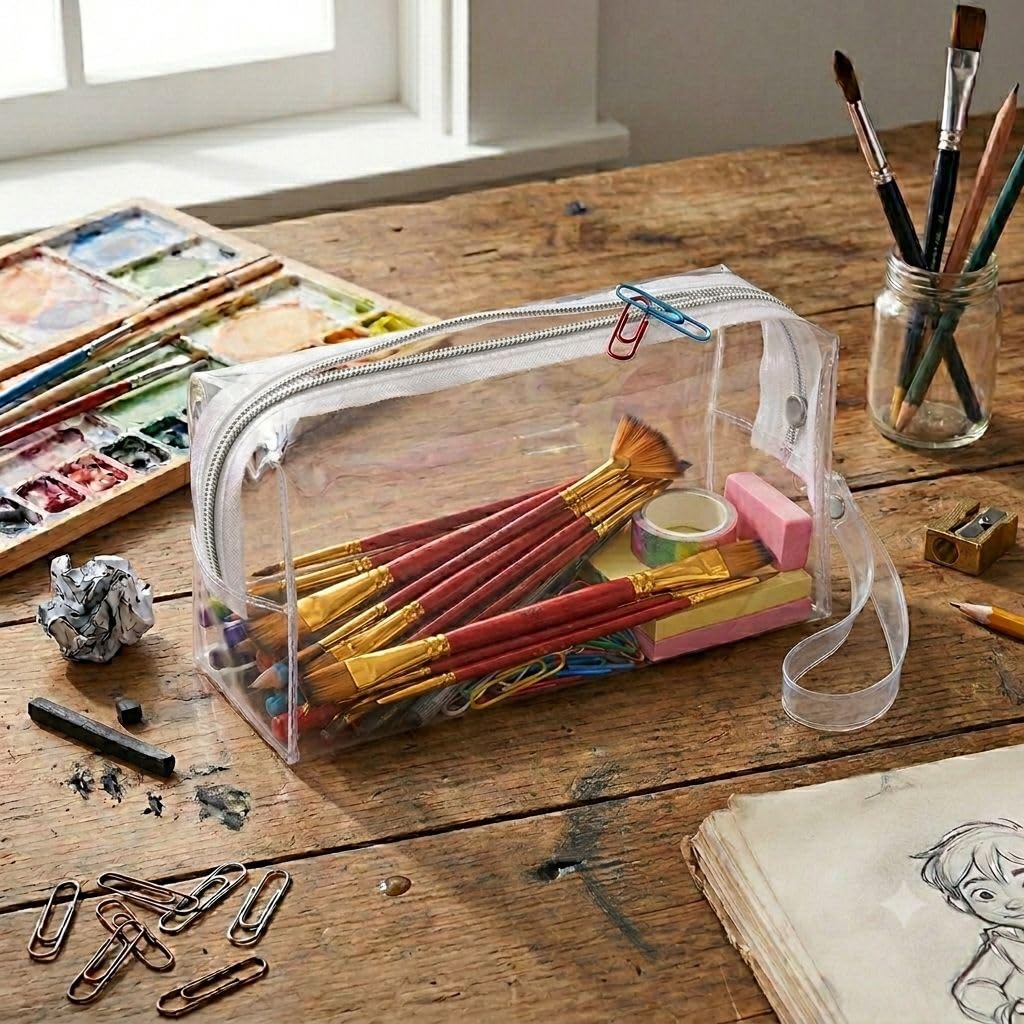 Anupam Astuccio trasparente con cerniera, astuccio trasparente per scuola, collage, ufficio, carino beauty case per ragazze, borsa multiuso per cancelleria (1 pezzo)