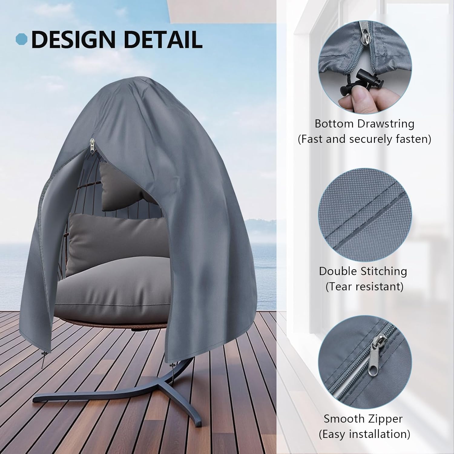 【Upgraded】RICHIE 90”x78” Patio Egg Chair Covers Waterproof & UV Resistant, Heavy-Duty Zippered Cover for Outdoor Egg Swing Chairs, Hanging Chairs, All-Weather Protection for Garden, Balcony - Gray