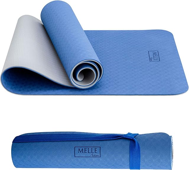 Melle Active - Eco Friendly Yoga Mat | WITH FREE MATCHING STRAP | TPE | Non Slip | Luxury Cushioned Comfort & Durable | 6mm Thick | Pilates | Lightweight, Blue